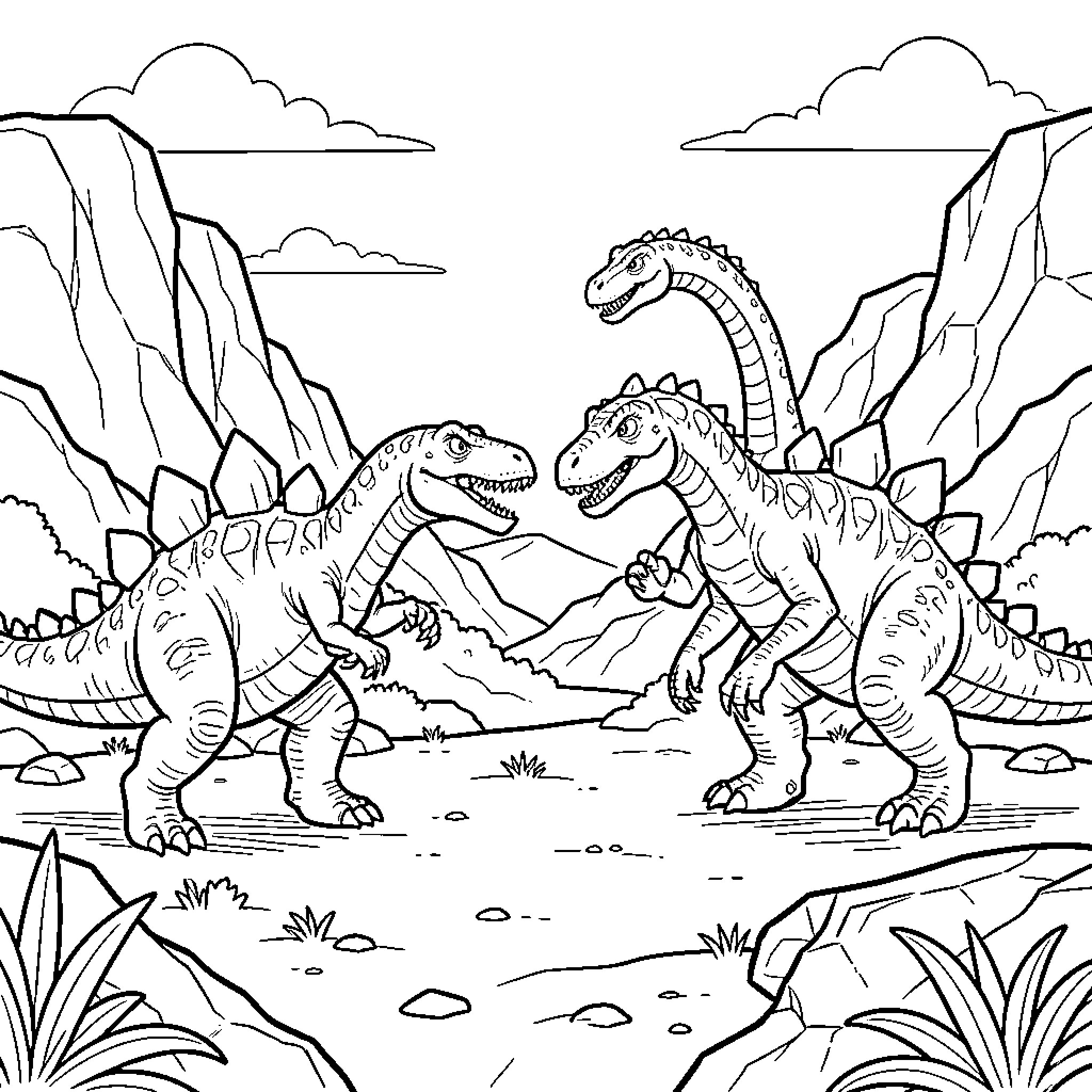 Dinosaur encounter in a prehistoric mountain landscape Coloring Page (free black-and-white line drawing printable PDF for all, from beginners to advanced learners, including children, teens, adults, and seniors)