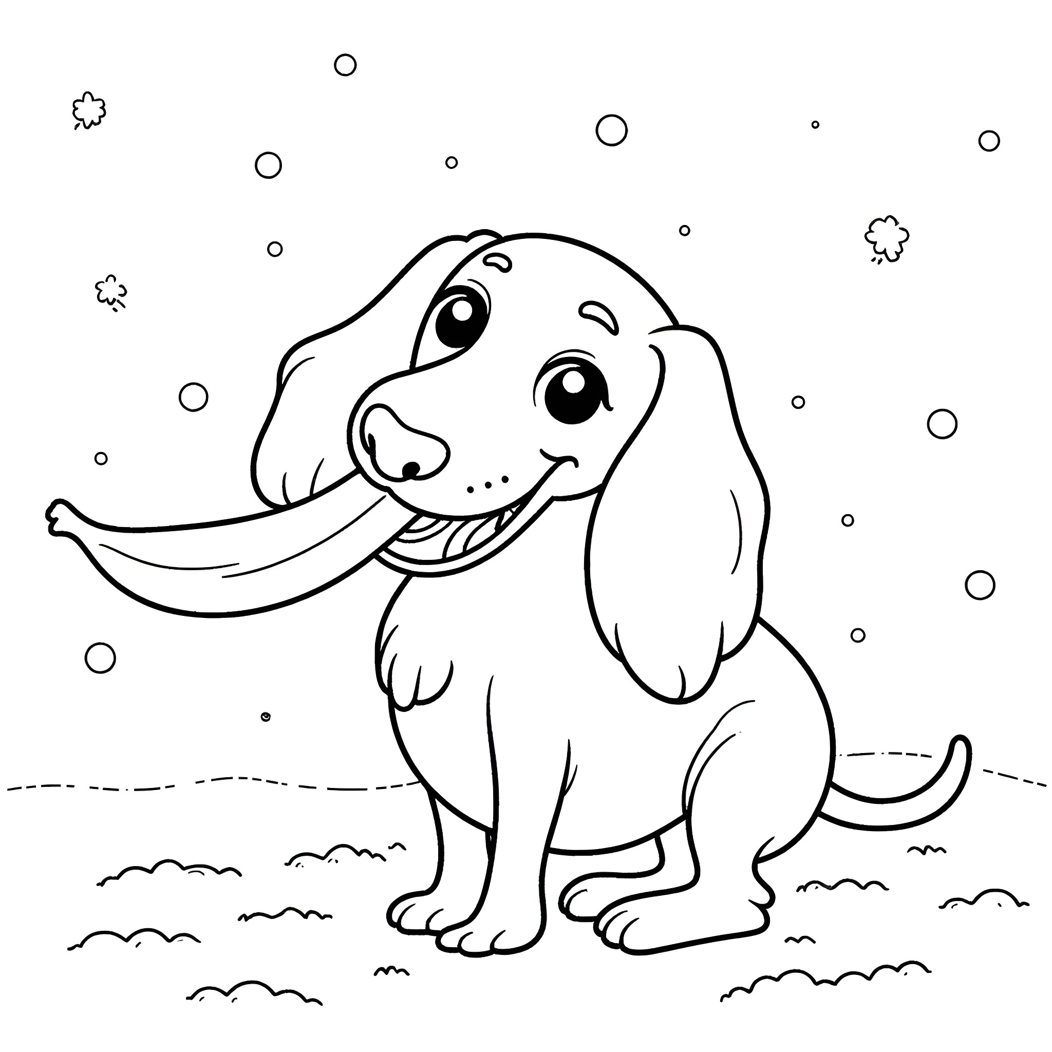 Dachshund playing happily in the snow Coloring Page (free black-and-white line drawing printable PDF for all, from beginners to advanced learners, including children, teens, adults, and seniors)