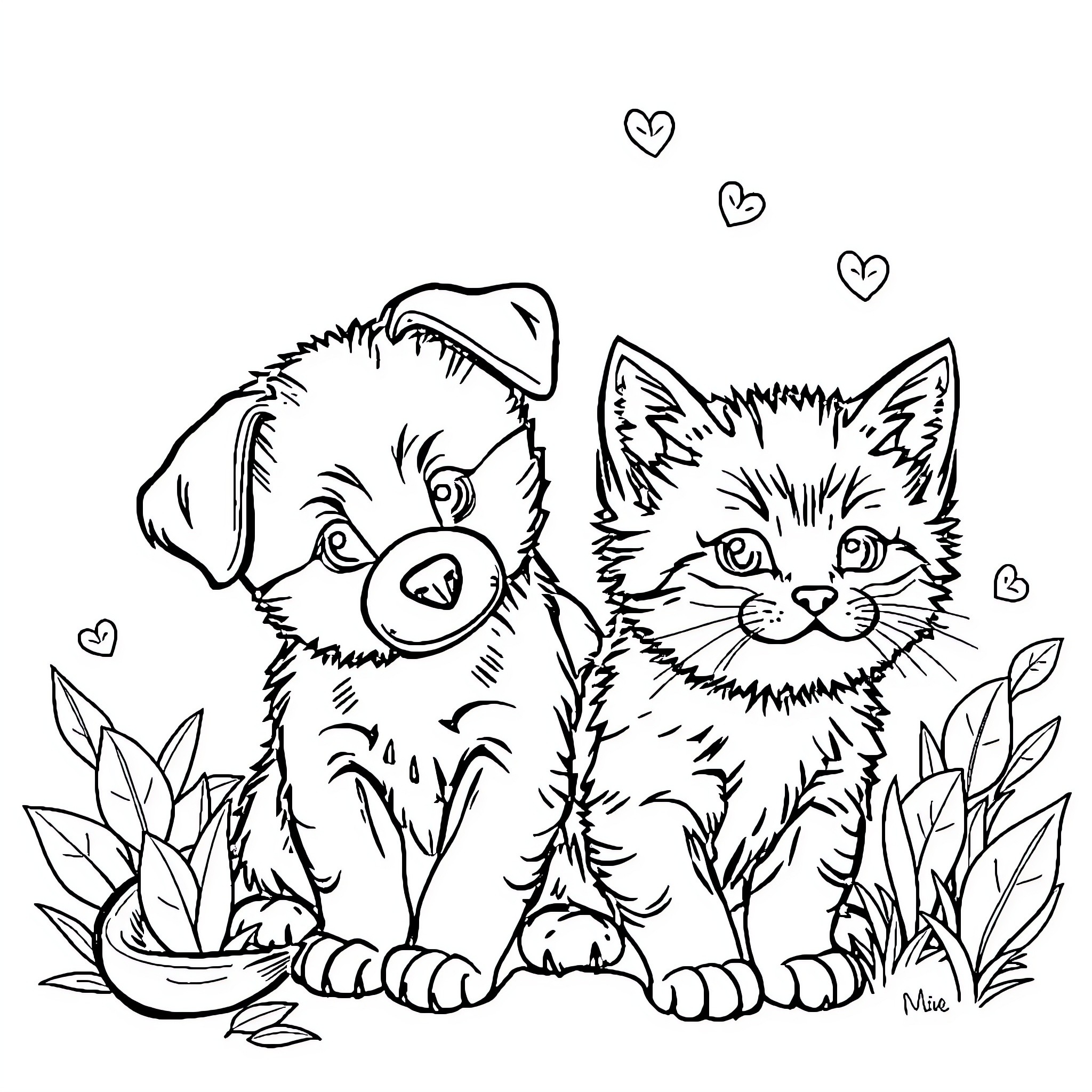 Animal Friends Sharing Love in Nature Coloring Page (free black-and-white line drawing printable PDF for all, from beginners to advanced learners, including children, teens, adults, and seniors)