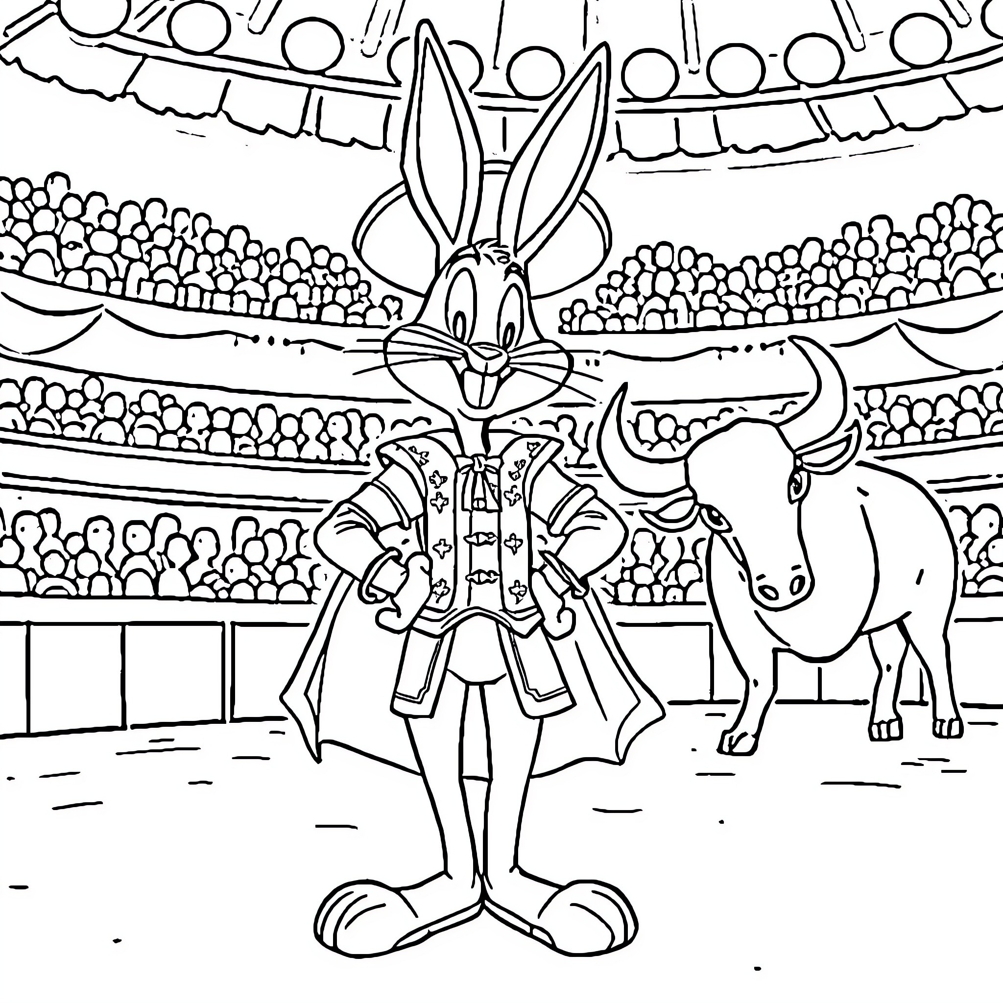 Bunny performer in a circus ring with a bull Coloring Page (free black-and-white line drawing printable PDF for all, from beginners to advanced learners, including children, teens, adults, and seniors)
