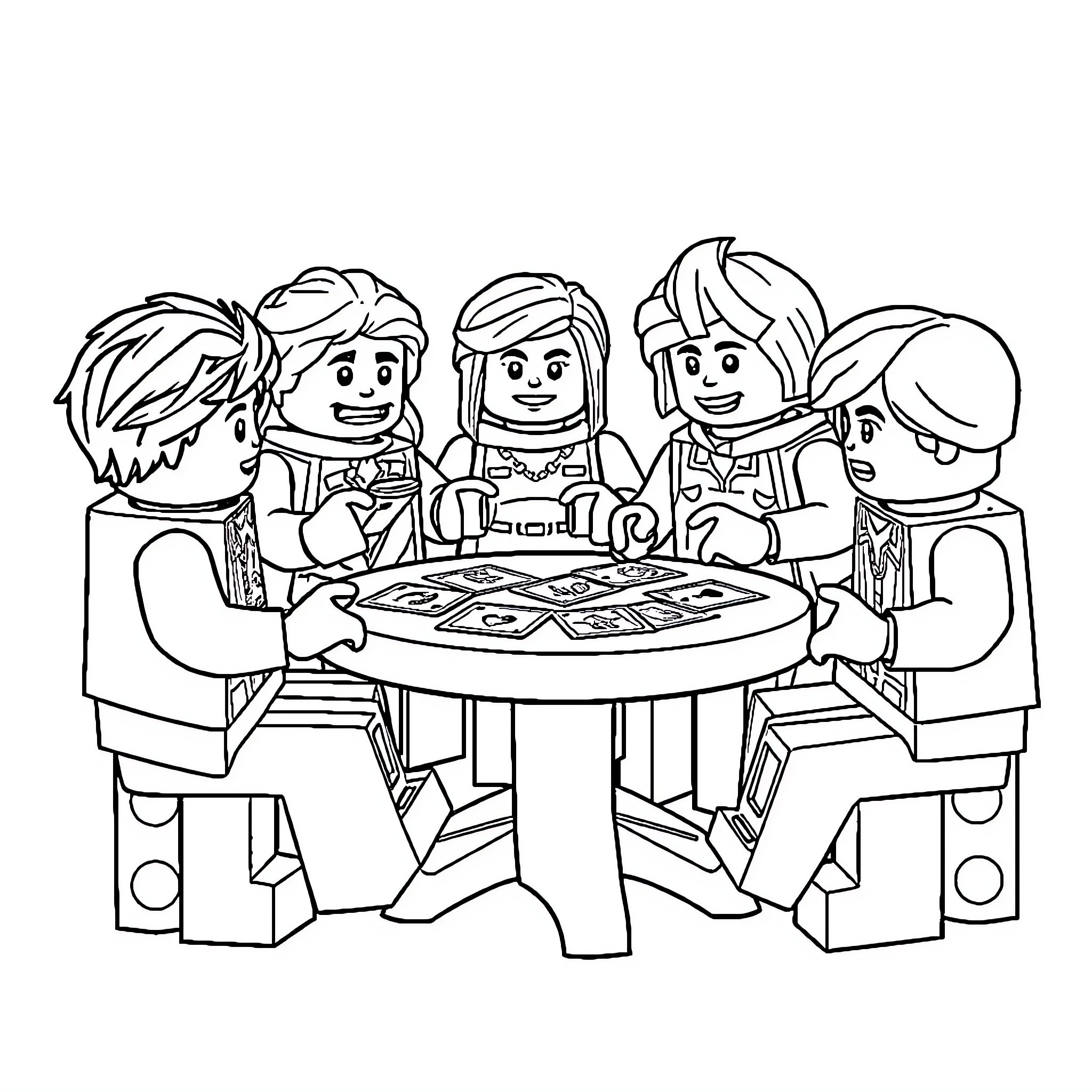 LEGO Characters Playing Cards Together Coloring Page (free black-and-white line drawing printable PDF for all, from beginners to advanced learners, including children, teens, adults, and seniors)