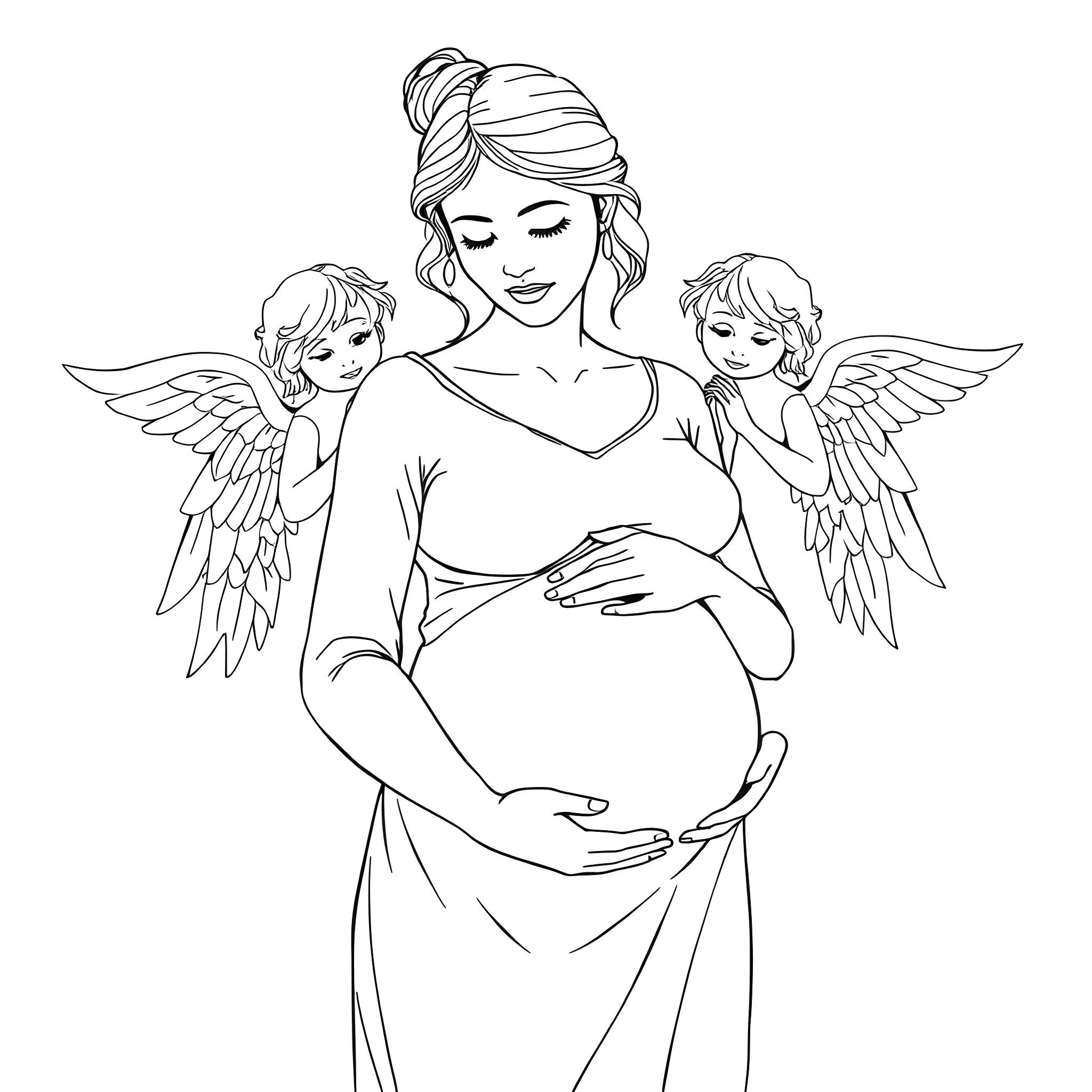 Woman with cherub angels protecting her pregnancy Coloring Page (free black-and-white line drawing printable PDF for all, from beginners to advanced learners, including children, teens, adults, and seniors)