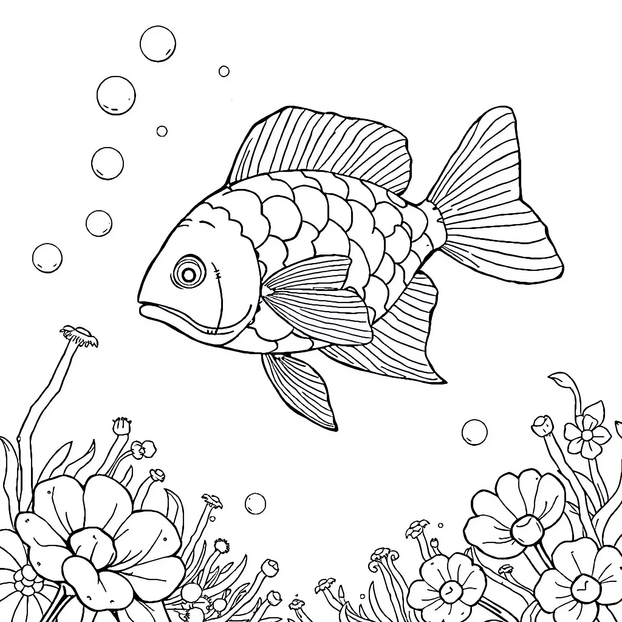 Tank-shaped fish swimming among underwater flowers Coloring Page (free black-and-white line drawing printable PDF for all, from beginners to advanced learners, including children, teens, adults, and seniors)