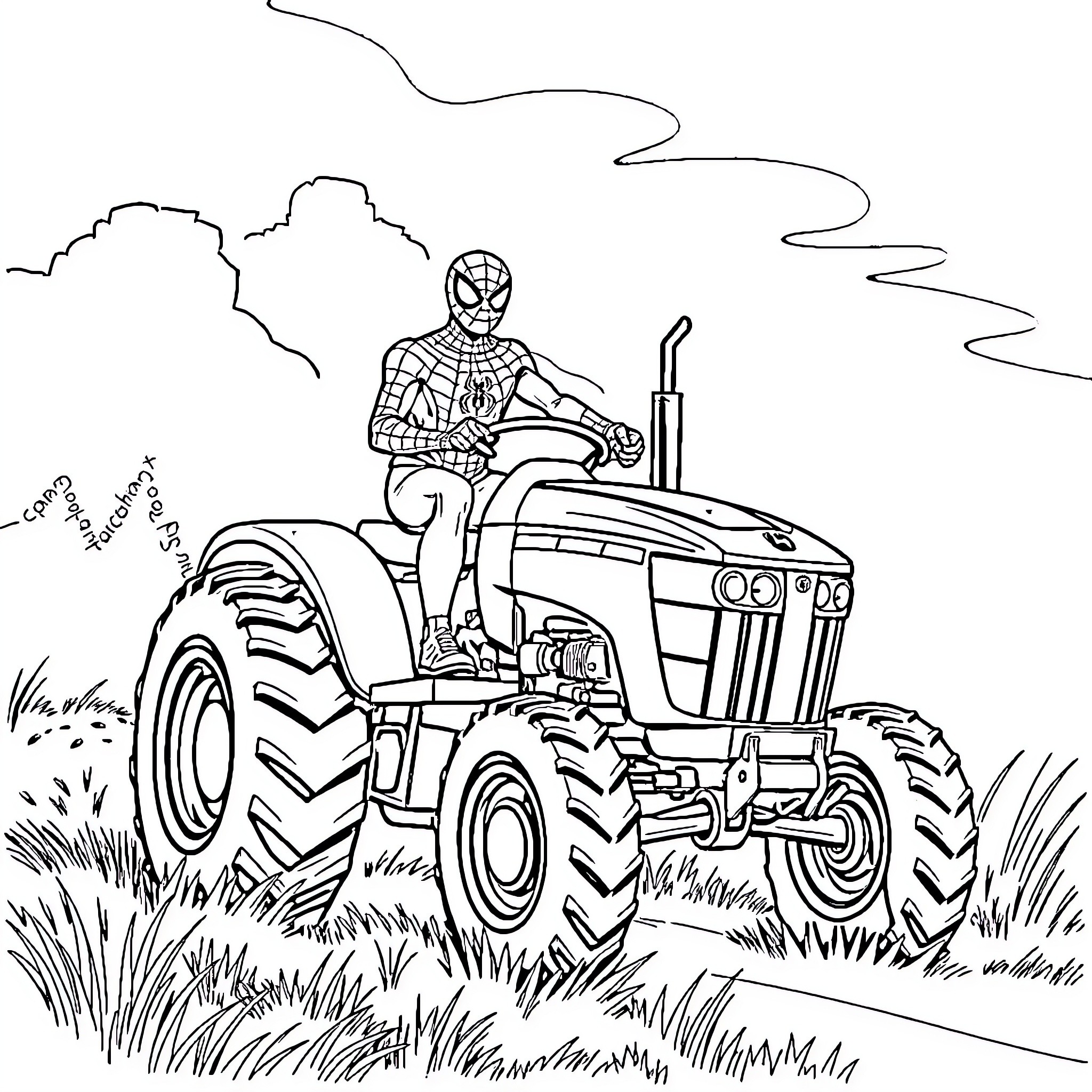 Spider-Man operating a tractor on the farm Coloring Page (free black-and-white line drawing printable PDF for all, from beginners to advanced learners, including children, teens, adults, and seniors)