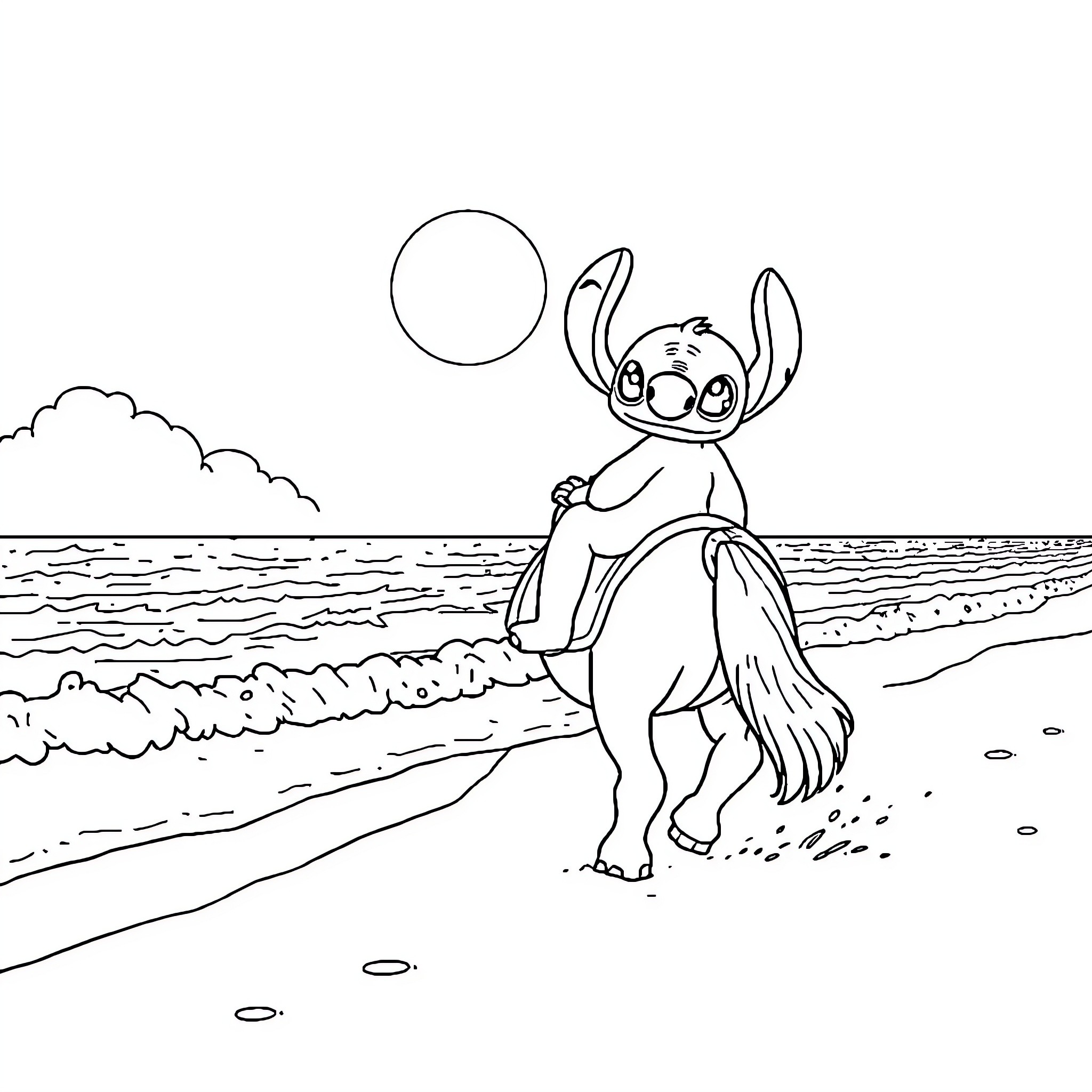 Stitch enjoying a sunny day at the beach Coloring Page (free black-and-white line drawing printable PDF for all, from beginners to advanced learners, including children, teens, adults, and seniors)