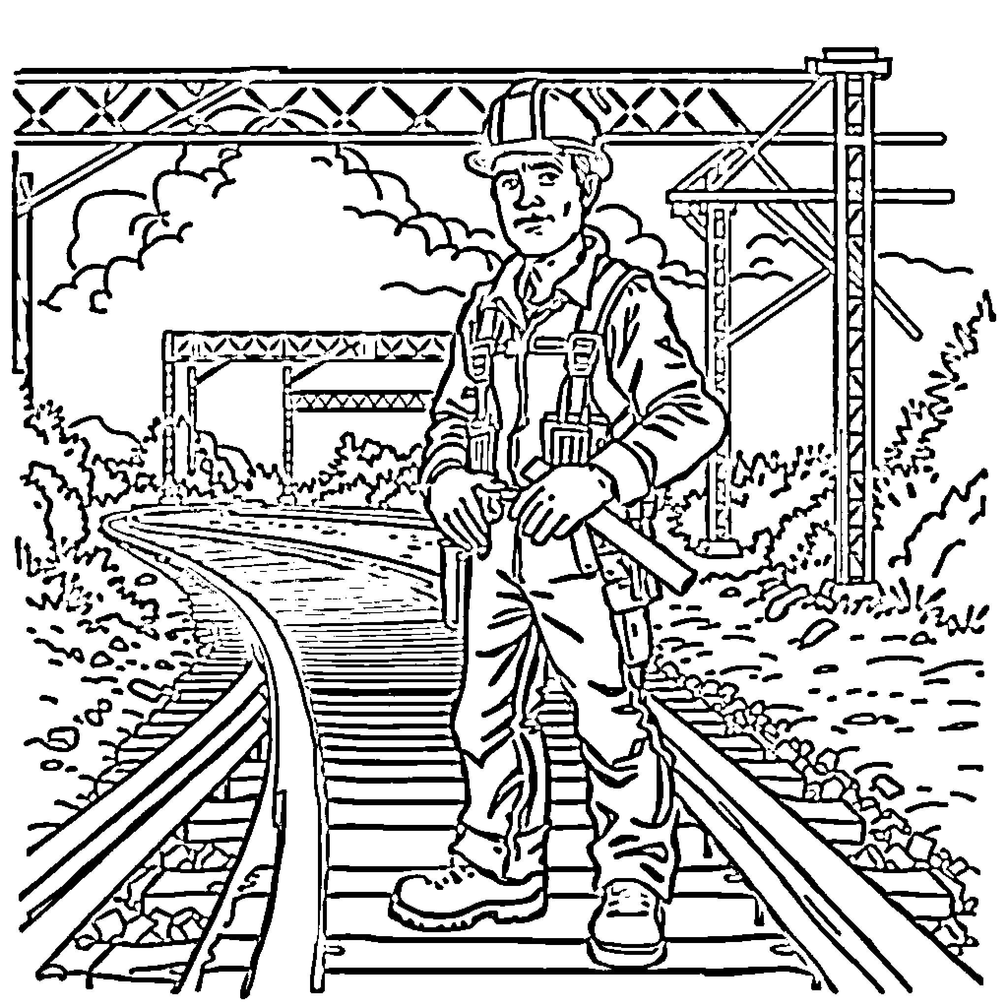 Construction Worker Standing on the Railroad Tracks Coloring Page (free black-and-white line drawing printable PDF for all, from beginners to advanced learners, including children, teens, adults, and seniors)