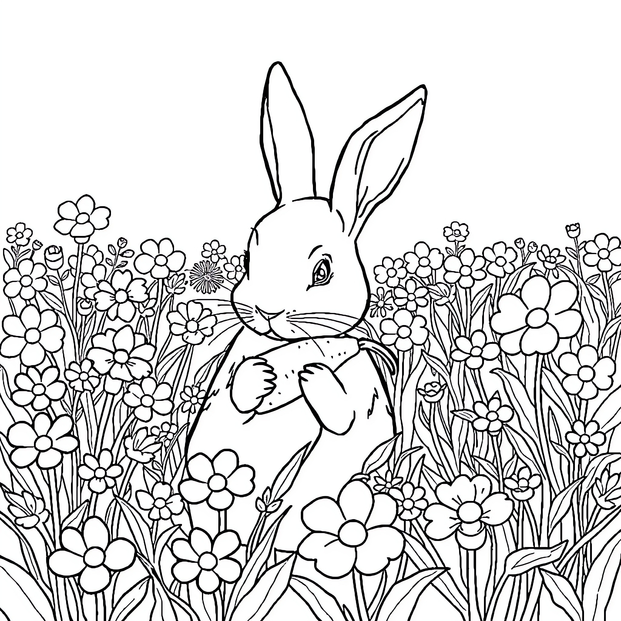 Rabbit nestled amidst blossoming flowers Coloring Page (free black-and-white line drawing printable PDF for all, from beginners to advanced learners, including children, teens, adults, and seniors)
