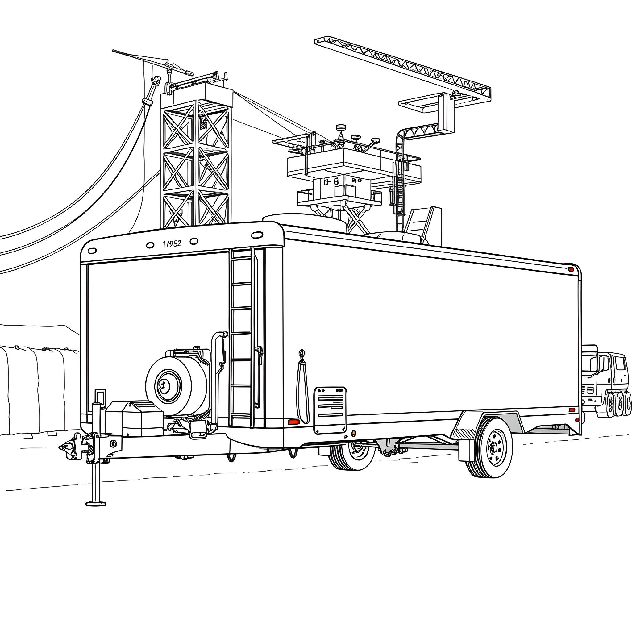 Gooseneck Trailer with Construction Equipment Coloring Page (free black-and-white line drawing printable PDF for all, from beginners to advanced learners, including children, teens, adults, and seniors)