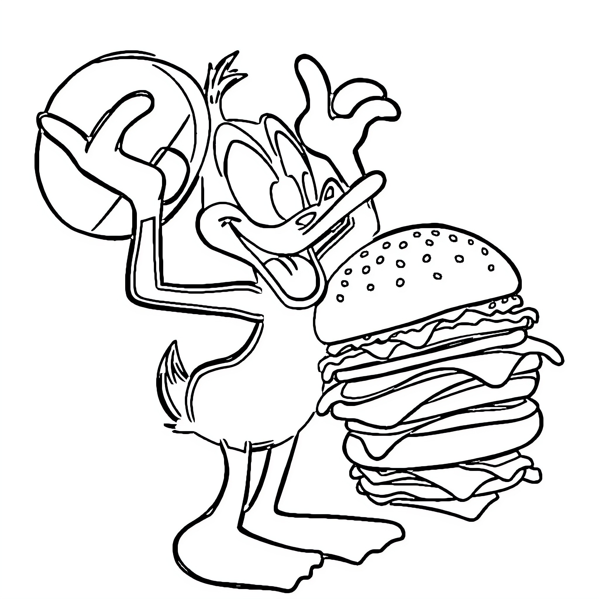 Daffy Duck Enjoying a Delicious Hamburger Coloring Page (free black-and-white line drawing printable PDF for all, from beginners to advanced learners, including children, teens, adults, and seniors)