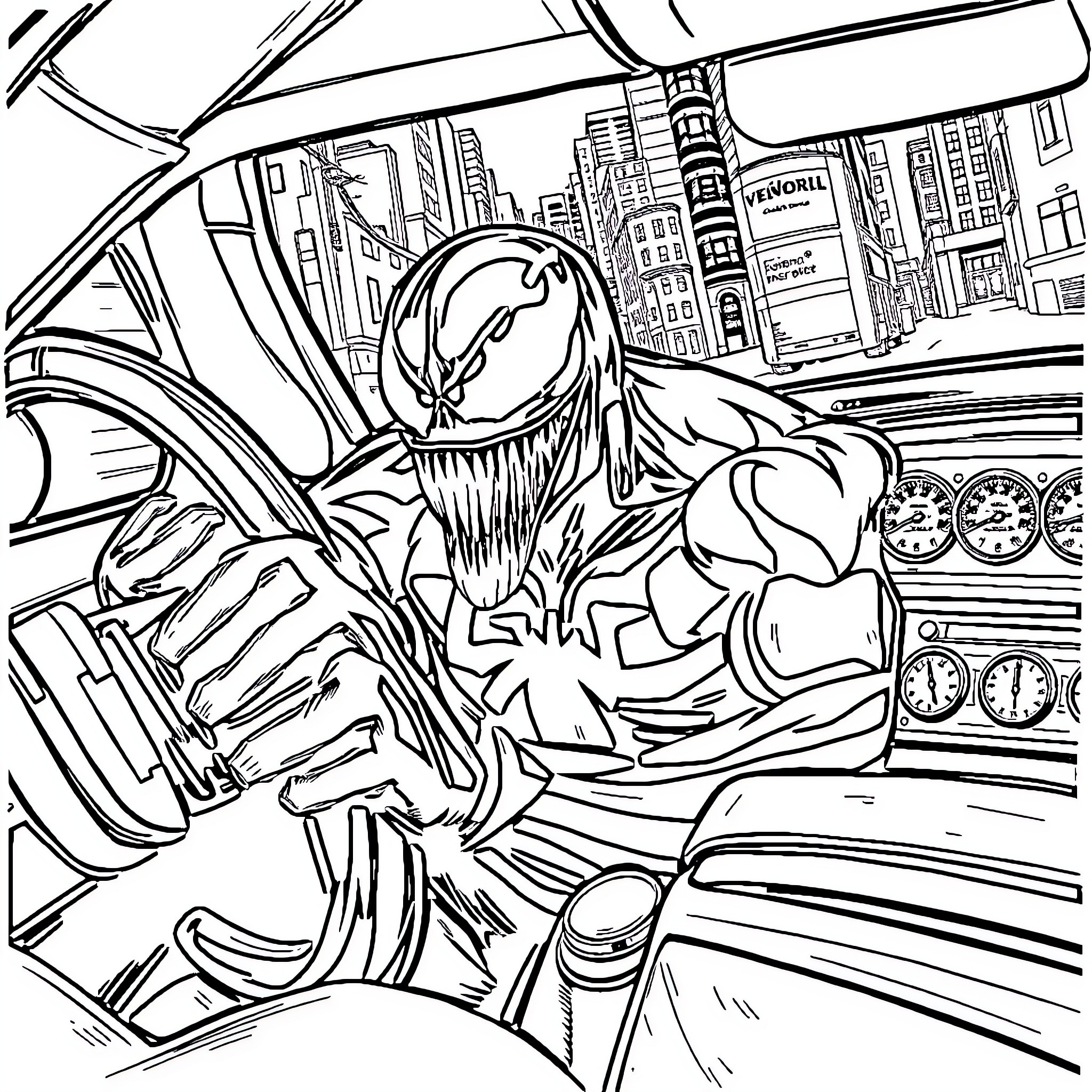 Venom Wreaking Havoc in the City Coloring Page (free black-and-white line drawing printable PDF for all, from beginners to advanced learners, including children, teens, adults, and seniors)