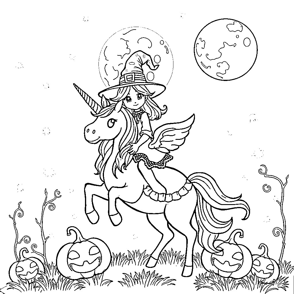 Witch riding magical unicorn at Halloween Coloring Page (free black-and-white line drawing printable PDF for all, from beginners to advanced learners, including children, teens, adults, and seniors)