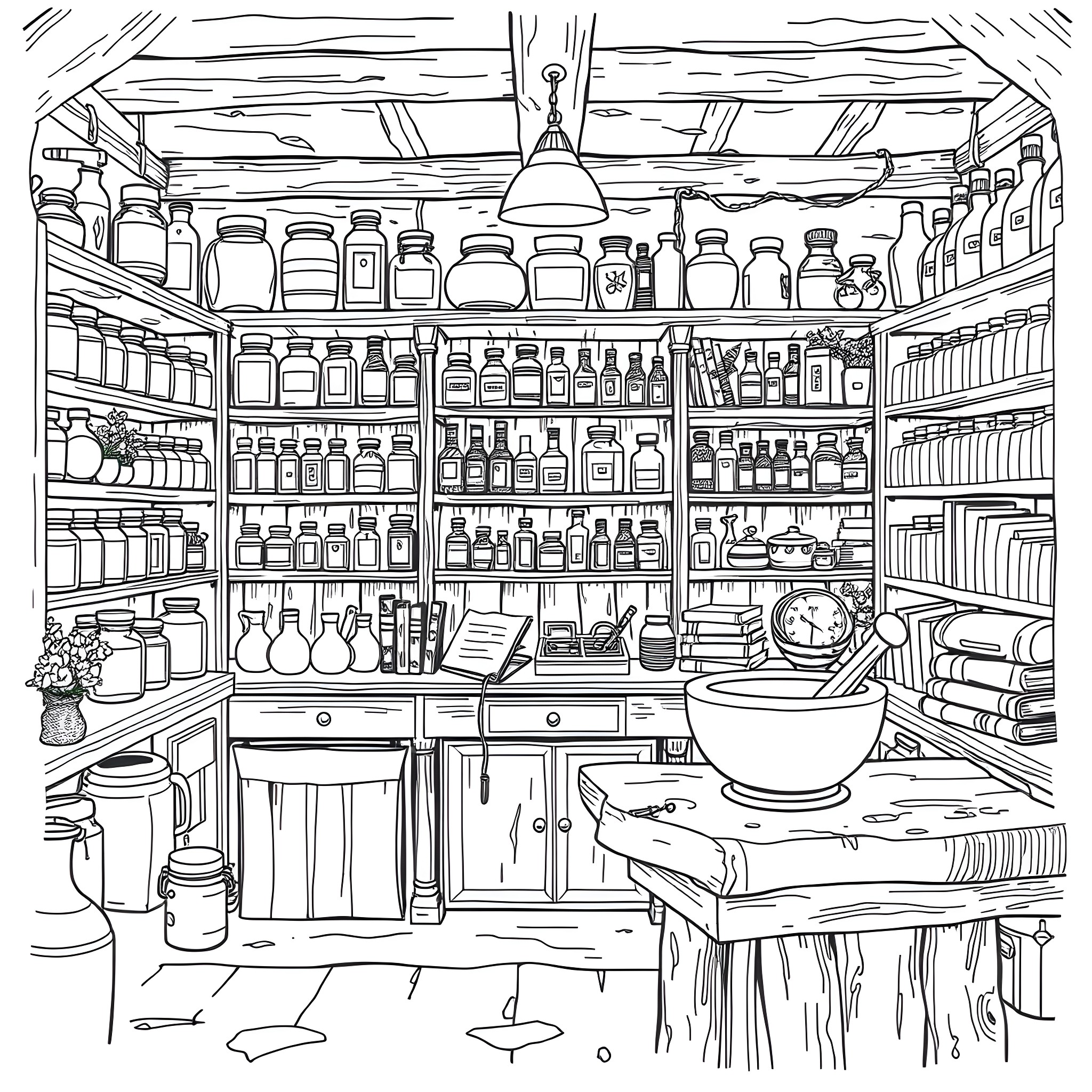 Apothecary's Treasure Trove: A Vibrant Display of Curiosities Coloring Page (free black-and-white line drawing printable PDF for all, from beginners to advanced learners, including children, teens, adults, and seniors)