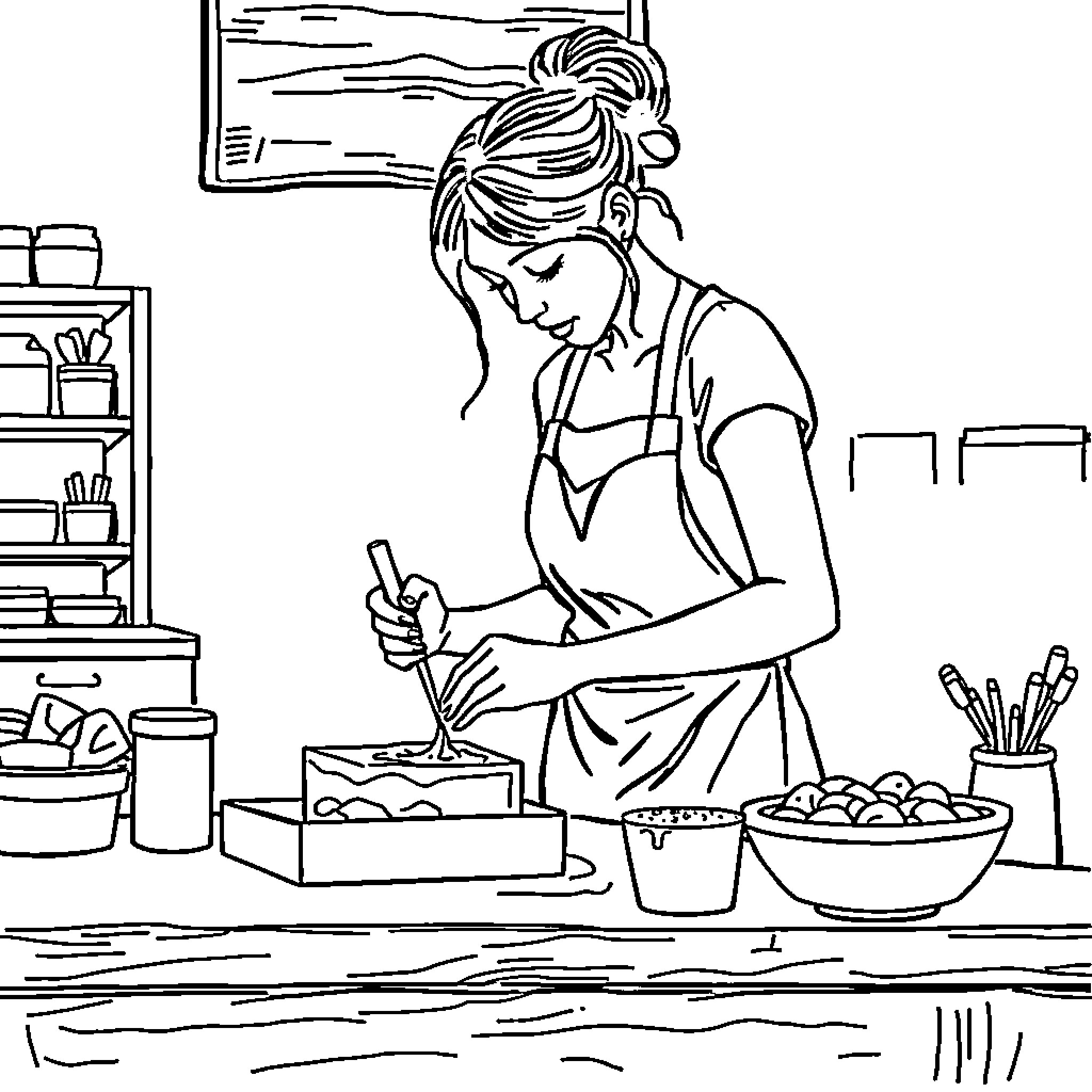Soap Maker Creating Handcrafted Products in Kitchen Coloring Page (free black-and-white line drawing printable PDF for all, from beginners to advanced learners, including children, teens, adults, and seniors)