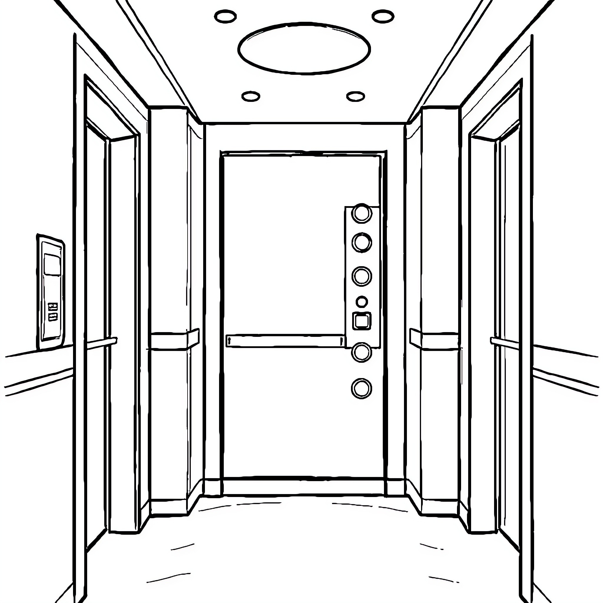 Elevator with open doors and modern interior Coloring Page (free black-and-white line drawing printable PDF for all, from beginners to advanced learners, including children, teens, adults, and seniors)