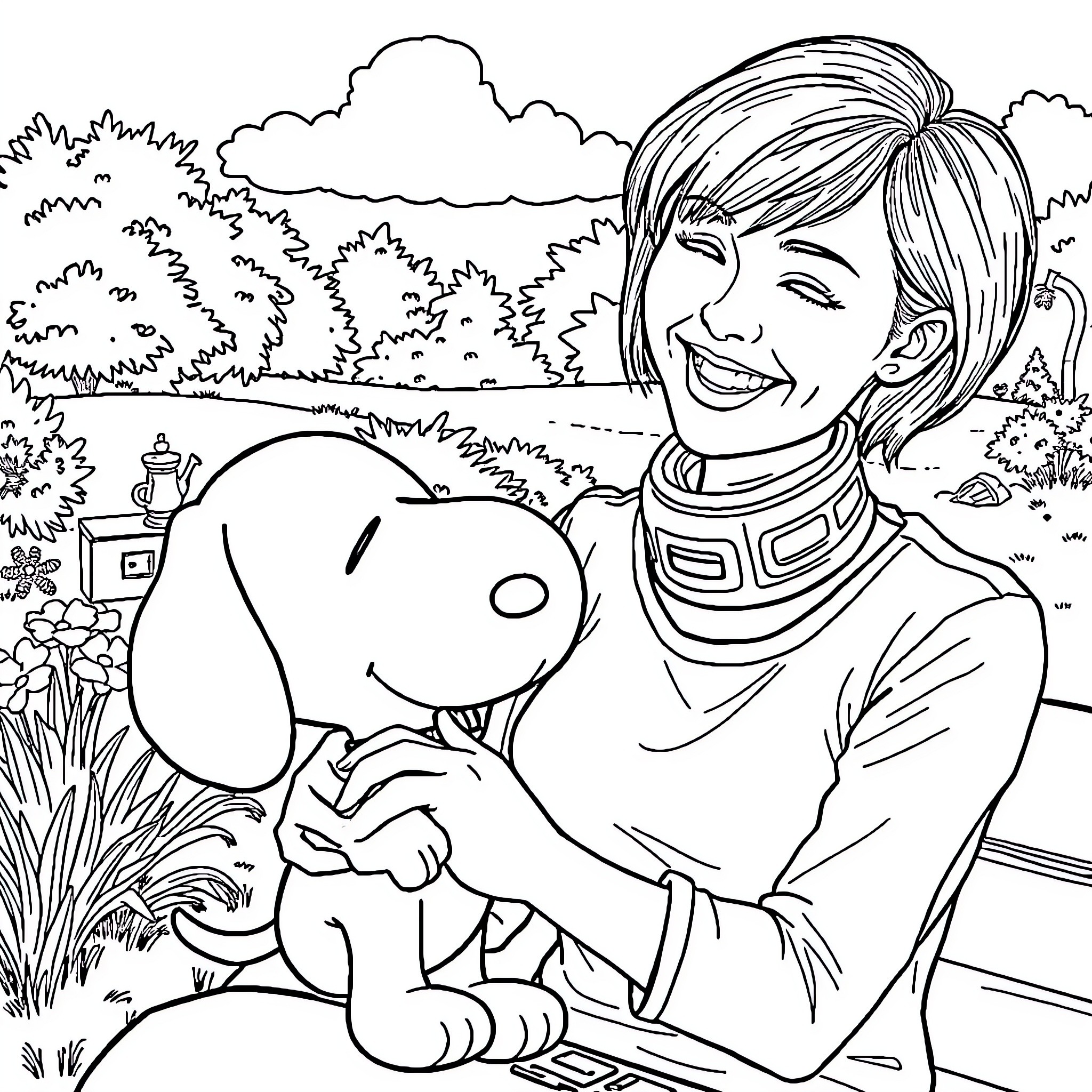 Lady playing happily with her pet in the garden Coloring Page (free black-and-white line drawing printable PDF for all, from beginners to advanced learners, including children, teens, adults, and seniors)