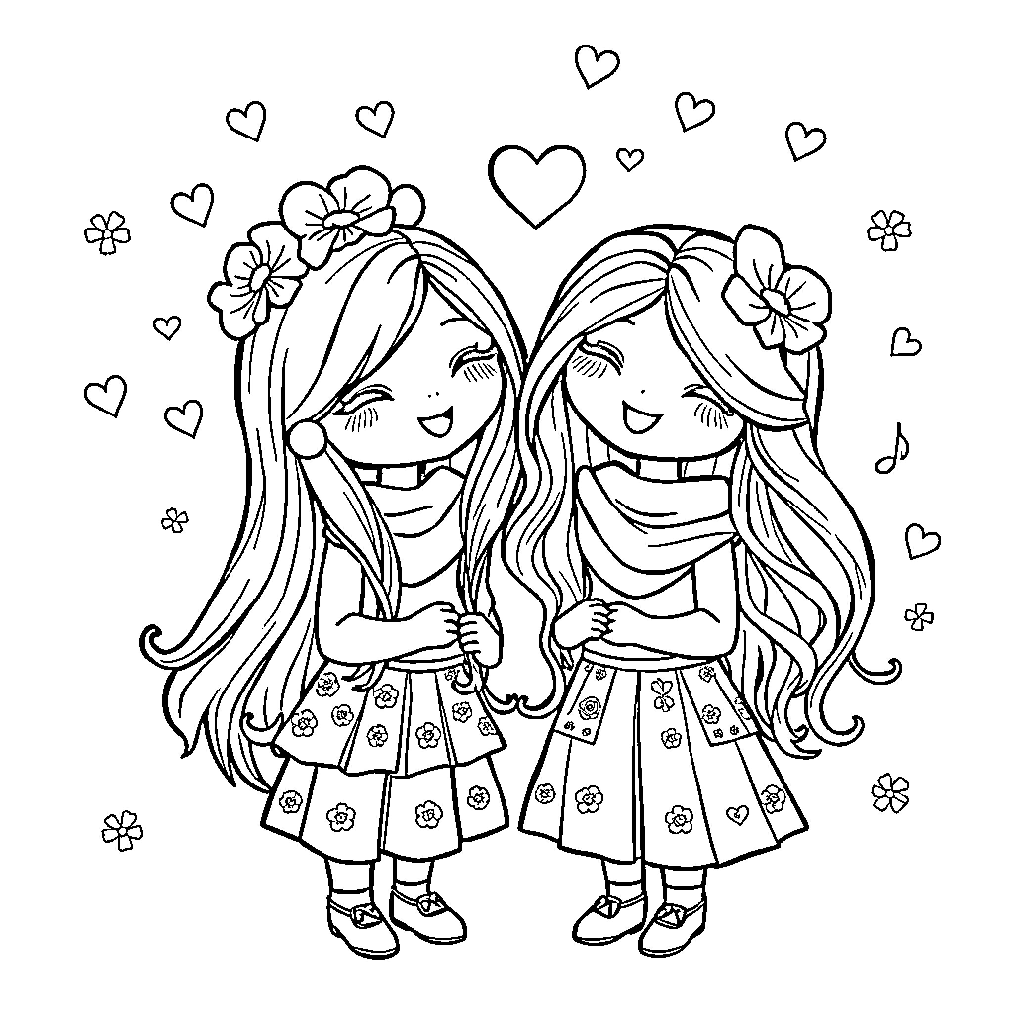 Sister Duo Joyfully Embracing with Hearts and Flowers Coloring Page (free black-and-white line drawing printable PDF for all, from beginners to advanced learners, including children, teens, adults, and seniors)