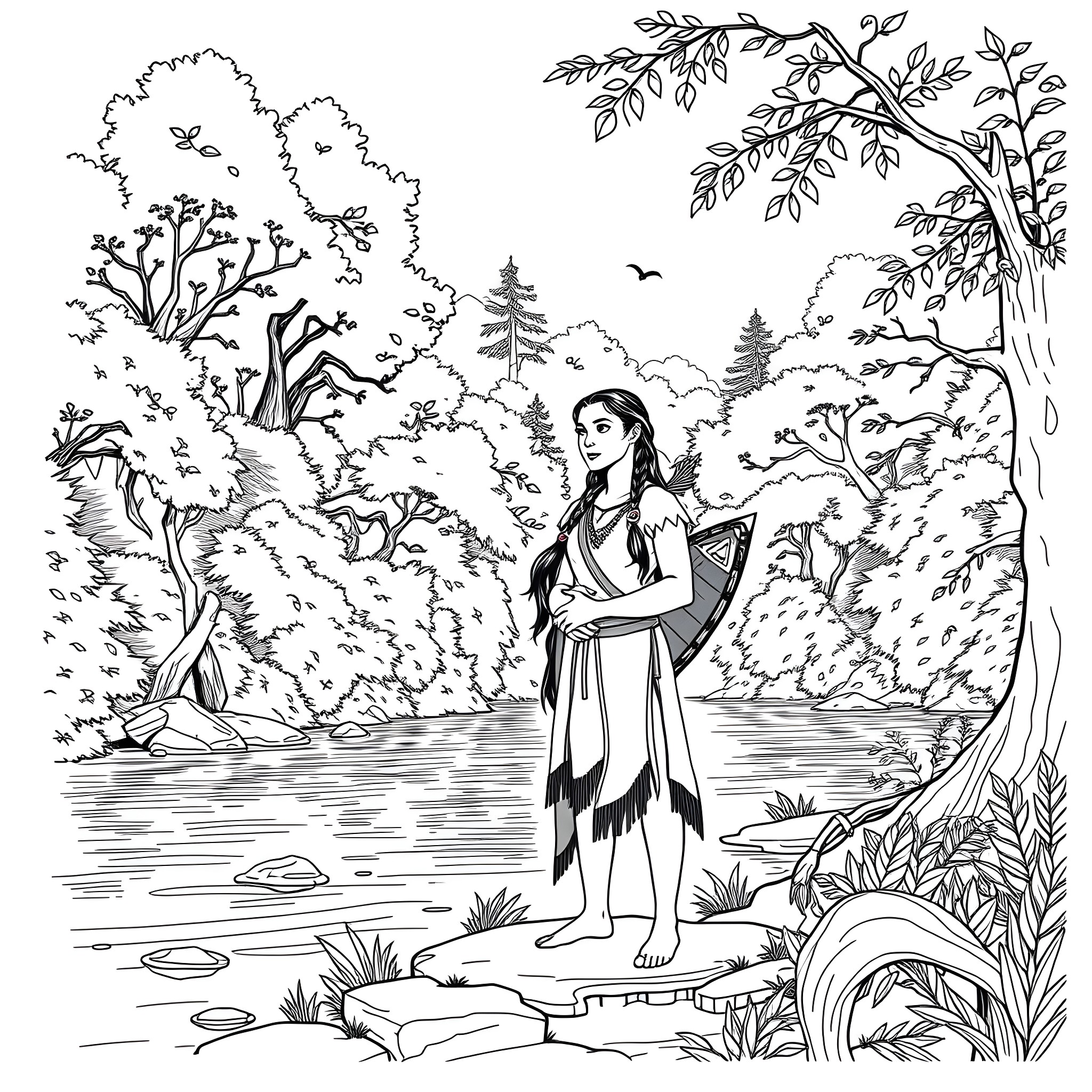 Pocahontas standing in a serene forest landscape Coloring Page (free black-and-white line drawing printable PDF for all, from beginners to advanced learners, including children, teens, adults, and seniors)