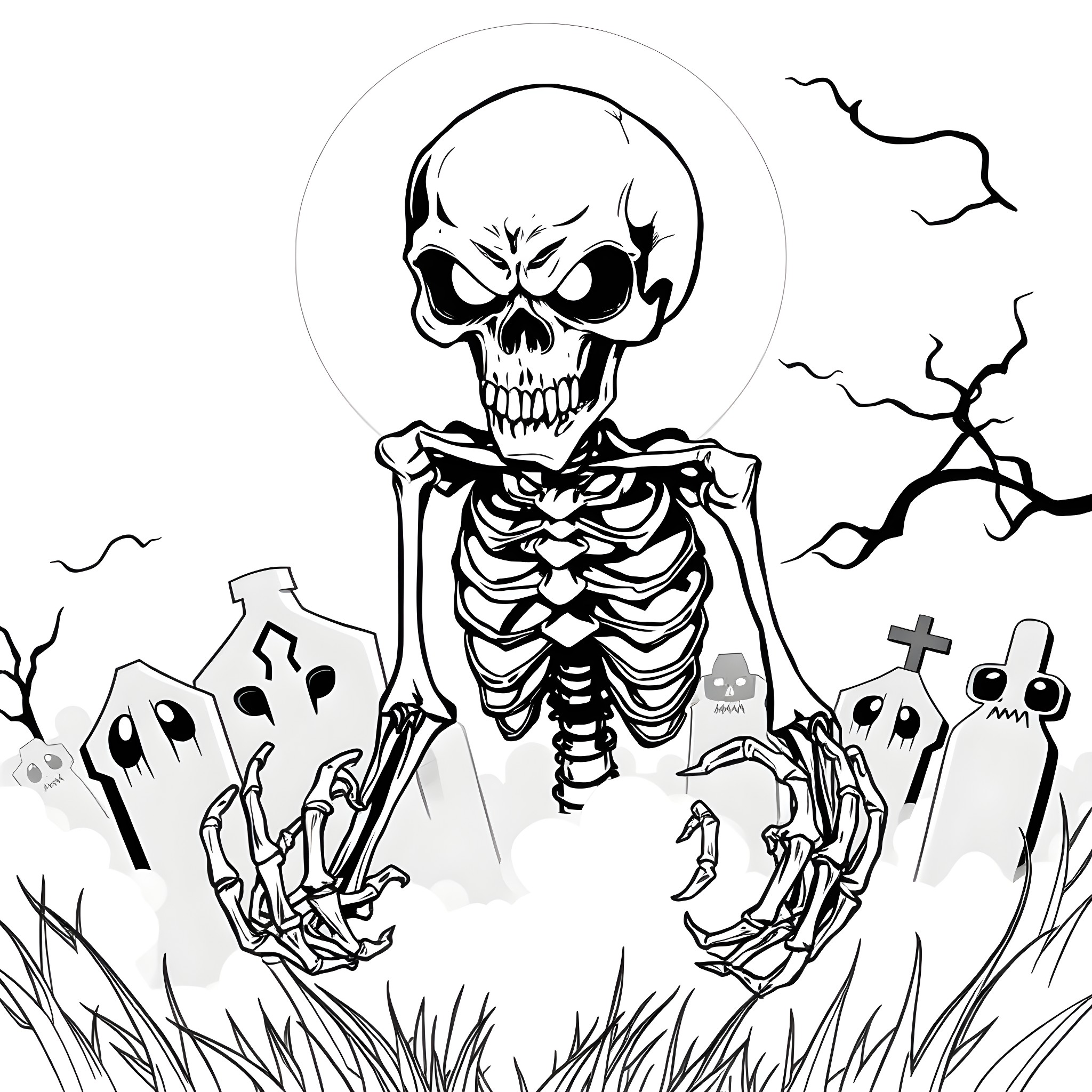 Skeleton army marching through the graveyard Coloring Page (free black-and-white line drawing printable PDF for all, from beginners to advanced learners, including children, teens, adults, and seniors)