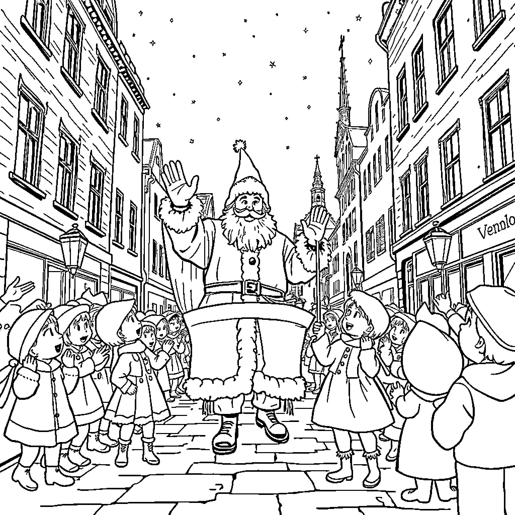 Sinterklaas Parade with Children and Crowds Coloring Page (free black-and-white line drawing printable PDF for all, from beginners to advanced learners, including children, teens, adults, and seniors)