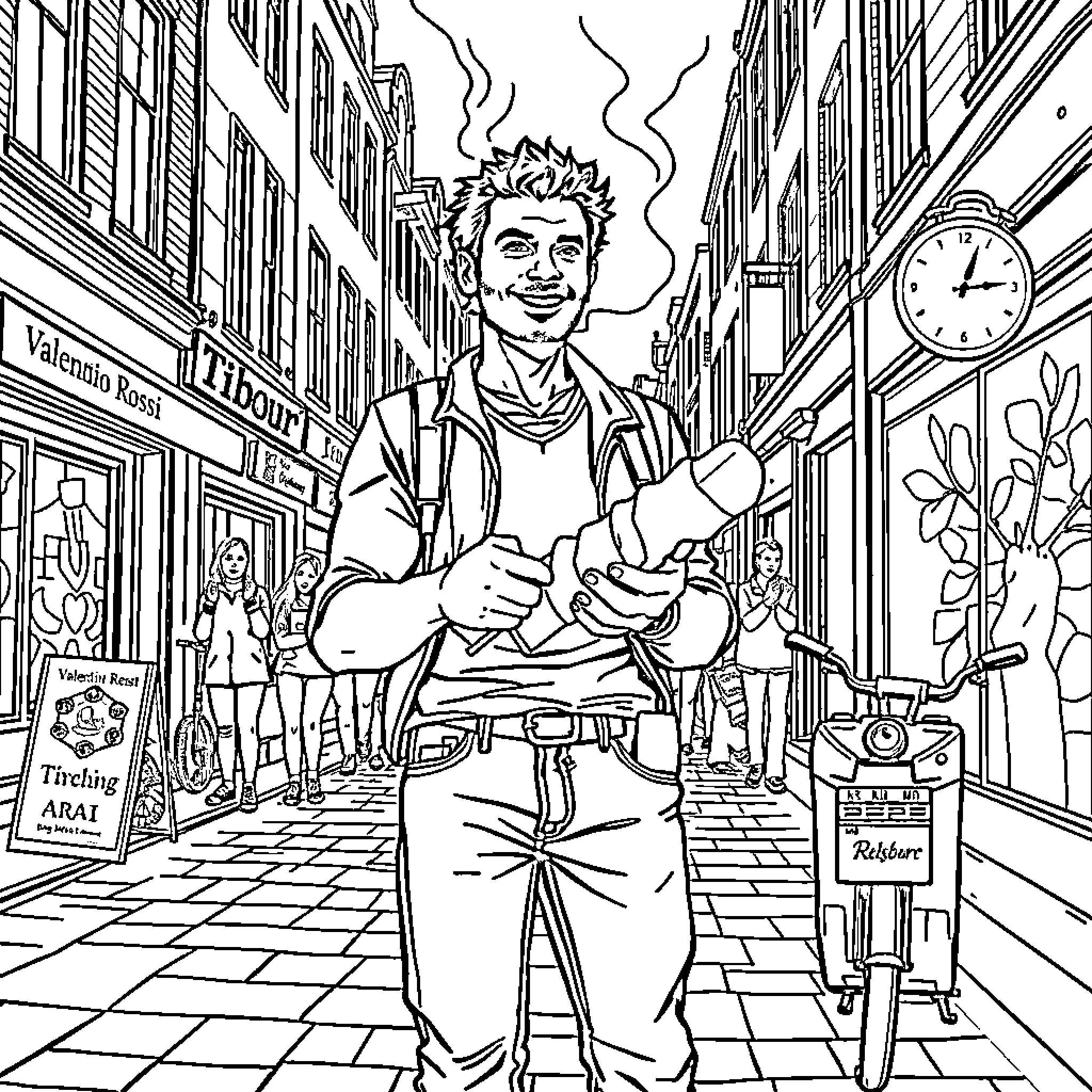 Valentino Rossi enjoying a coffee break in the city Coloring Page (free black-and-white line drawing printable PDF for all, from beginners to advanced learners, including children, teens, adults, and seniors)