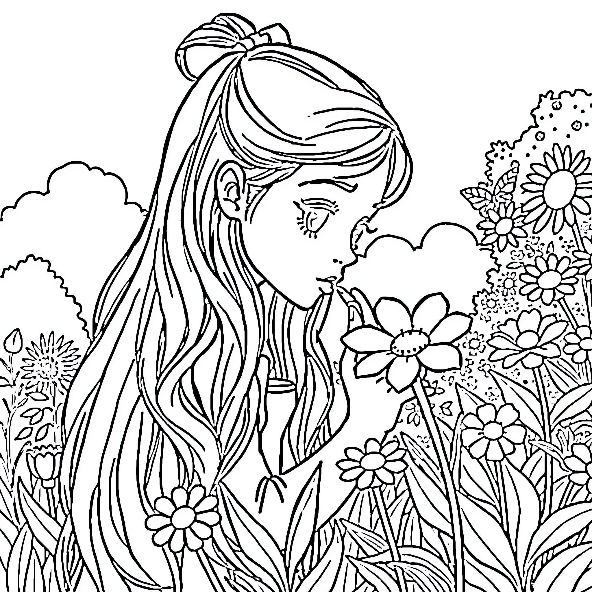 Girl admiring flowers in a serene garden Coloring Page (free black-and-white line drawing printable PDF for all, from beginners to advanced learners, including children, teens, adults, and seniors)
