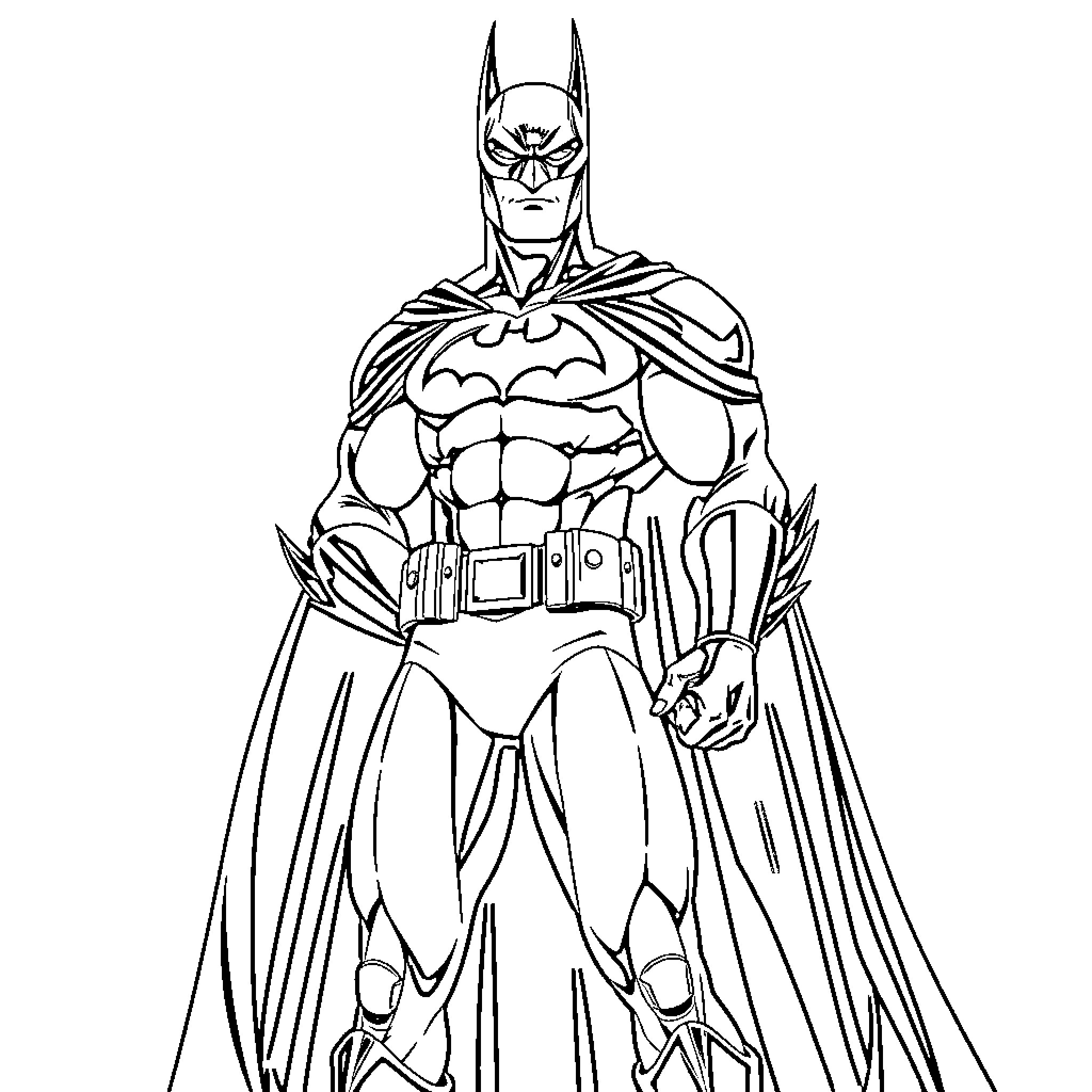 Batman in heroic pose with cape and cowl Coloring Page (free black-and-white line drawing printable PDF for all, from beginners to advanced learners, including children, teens, adults, and seniors)