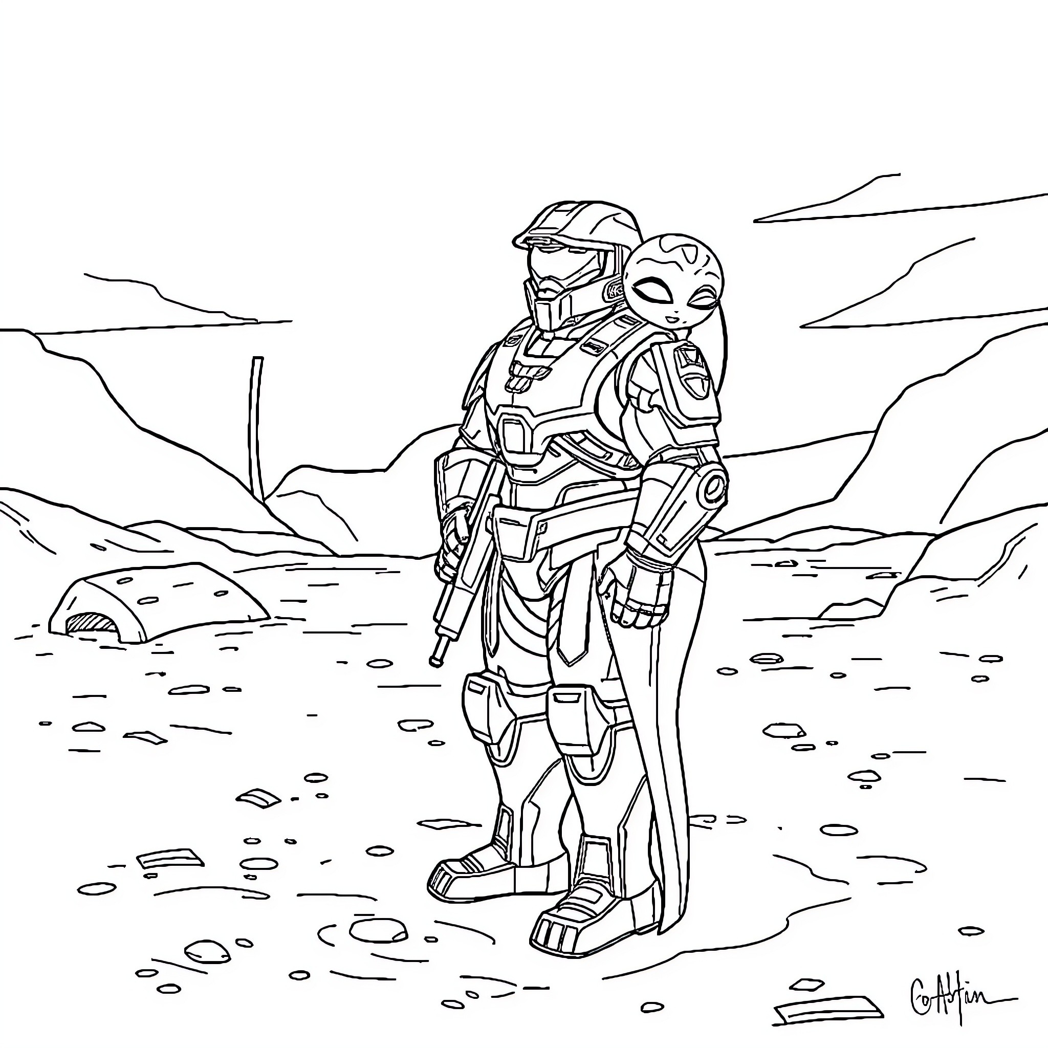 Master Chief on a desolate alien landscape Coloring Page (free black-and-white line drawing printable PDF for all, from beginners to advanced learners, including children, teens, adults, and seniors)