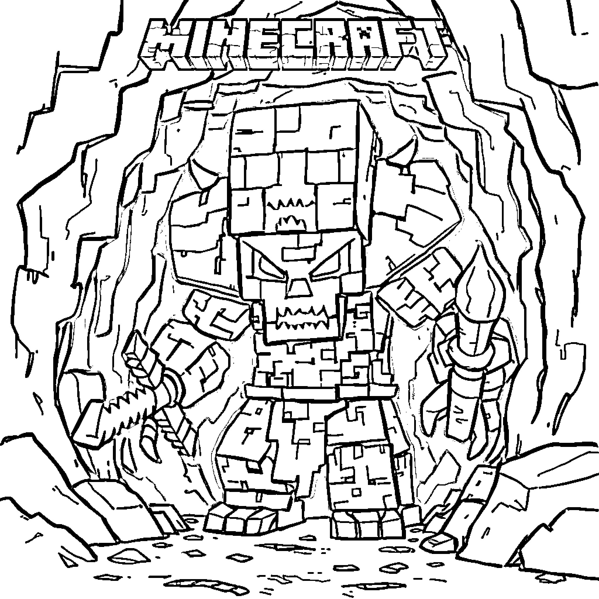 Warden Guarding the Minecraft Entrance Coloring Page (free black-and-white line drawing printable PDF for all, from beginners to advanced learners, including children, teens, adults, and seniors)