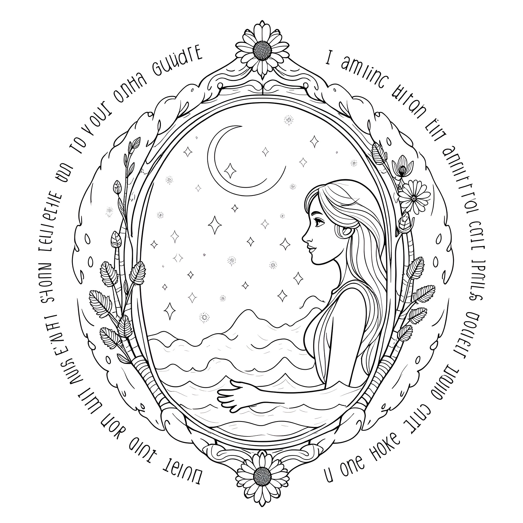 Goddess admiring the wonders of the night sky Coloring Page (free black-and-white line drawing printable PDF for all, from beginners to advanced learners, including children, teens, adults, and seniors)