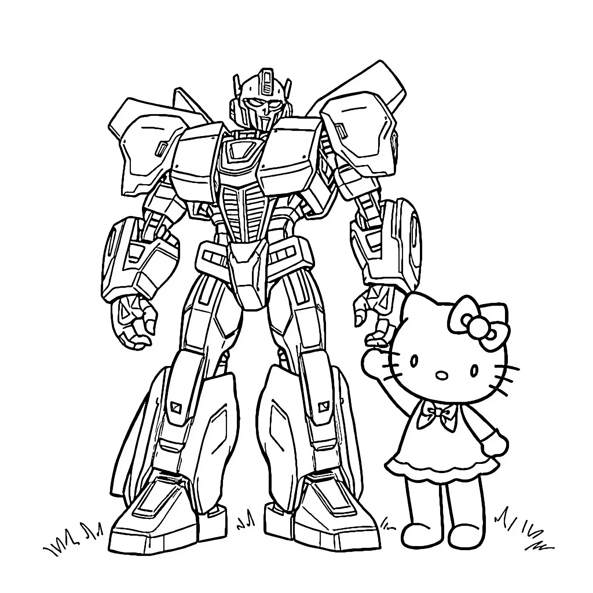 Bumblebee meets Hello Kitty in an unexpected encounter Coloring Page (free black-and-white line drawing printable PDF for all, from beginners to advanced learners, including children, teens, adults, and seniors)