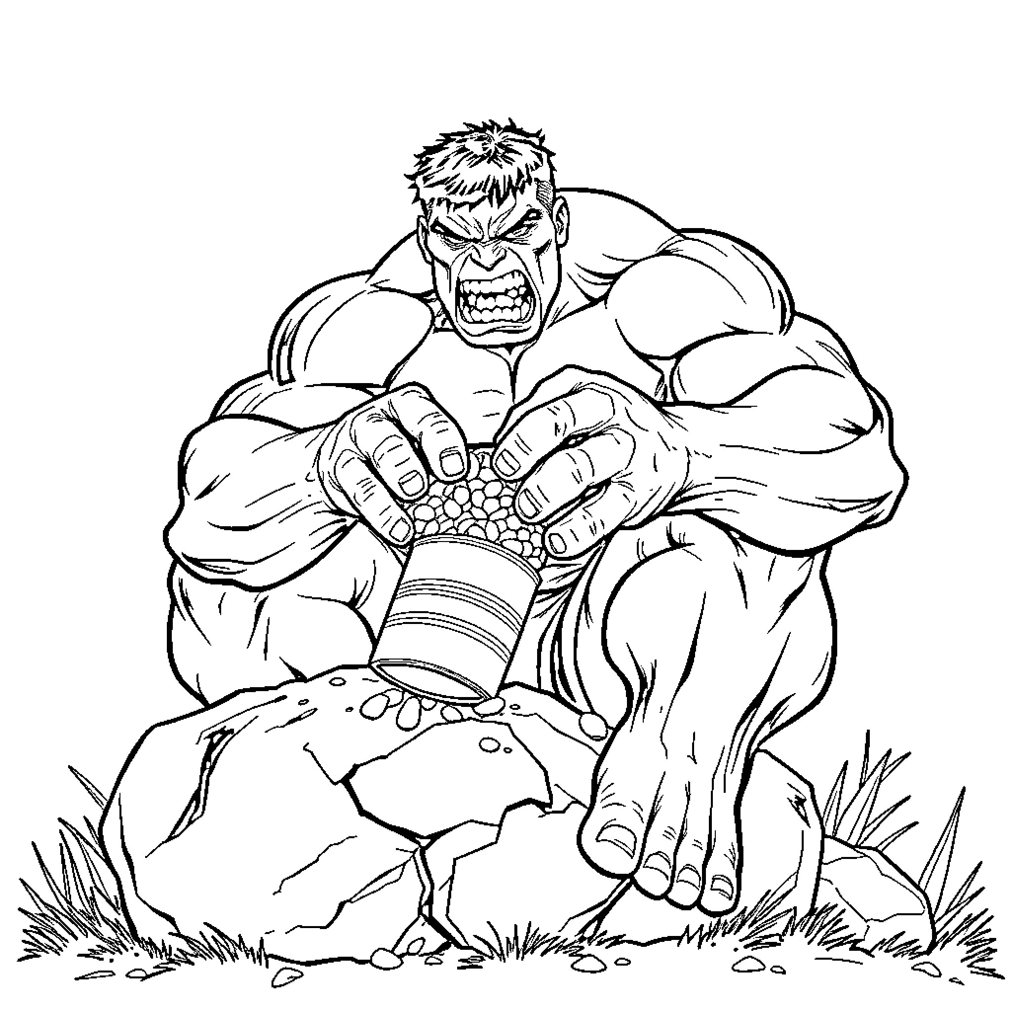 Hulk smashing through the ground with anger Coloring Page (free black-and-white line drawing printable PDF for all, from beginners to advanced learners, including children, teens, adults, and seniors)