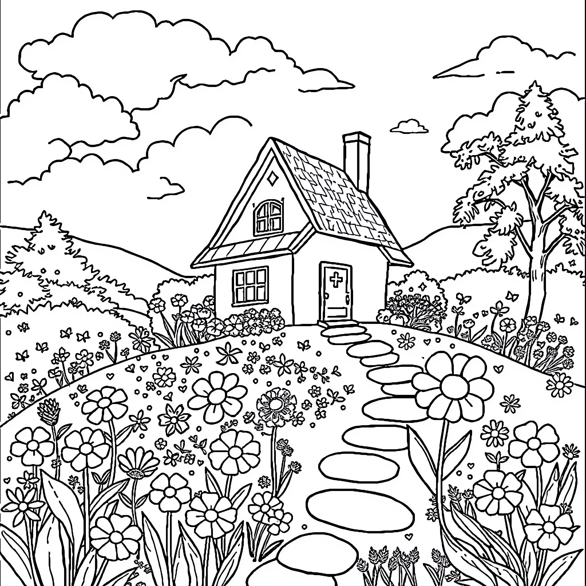 House surrounded by a lush floral garden Coloring Page (free black-and-white line drawing printable PDF for all, from beginners to advanced learners, including children, teens, adults, and seniors)