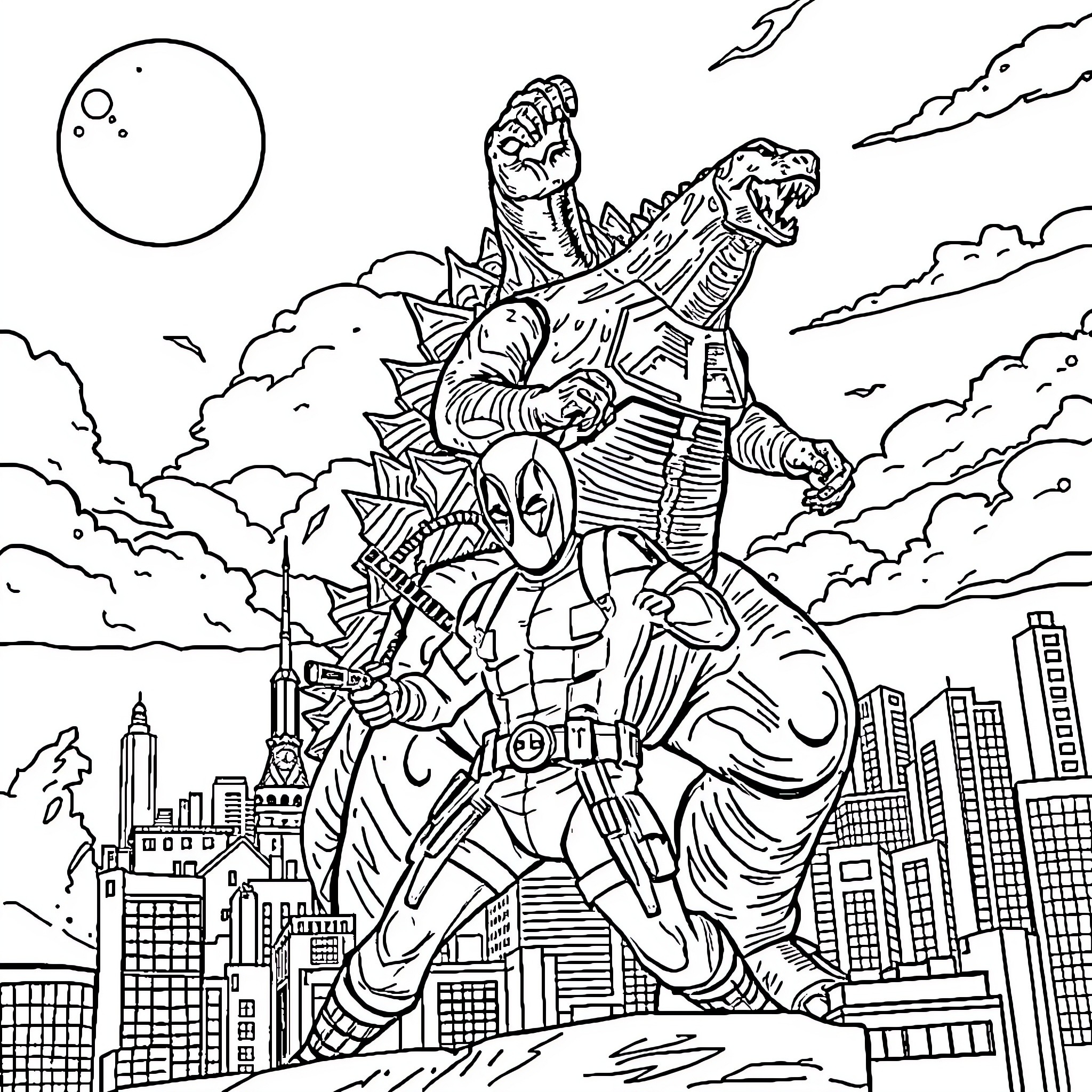 Deadpool's Chaotic City Escapade Coloring Page (free black-and-white line drawing printable PDF for all, from beginners to advanced learners, including children, teens, adults, and seniors)