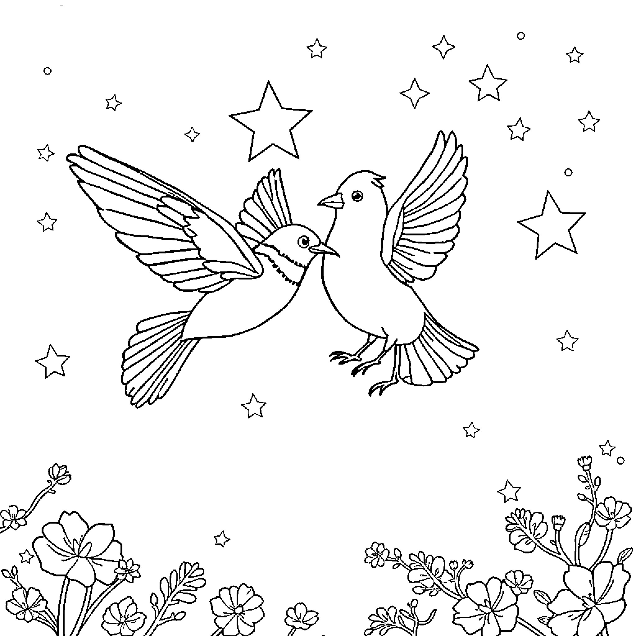 Bat-like birds soaring among stars Coloring Page (free black-and-white line drawing printable PDF for all, from beginners to advanced learners, including children, teens, adults, and seniors)
