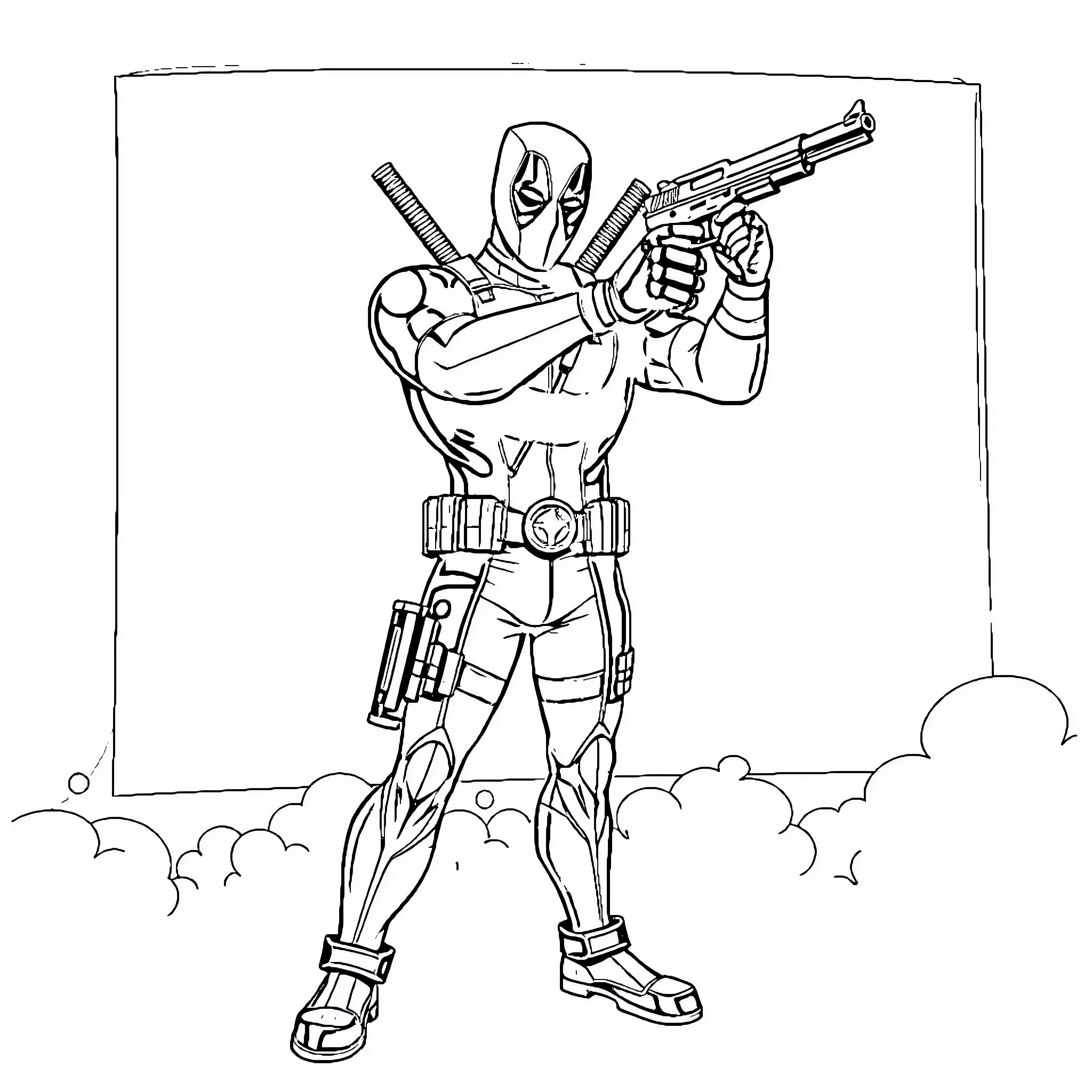 Deadpool wielding guns in action-packed pose Coloring Page (free black-and-white line drawing printable PDF for all, from beginners to advanced learners, including children, teens, adults, and seniors)