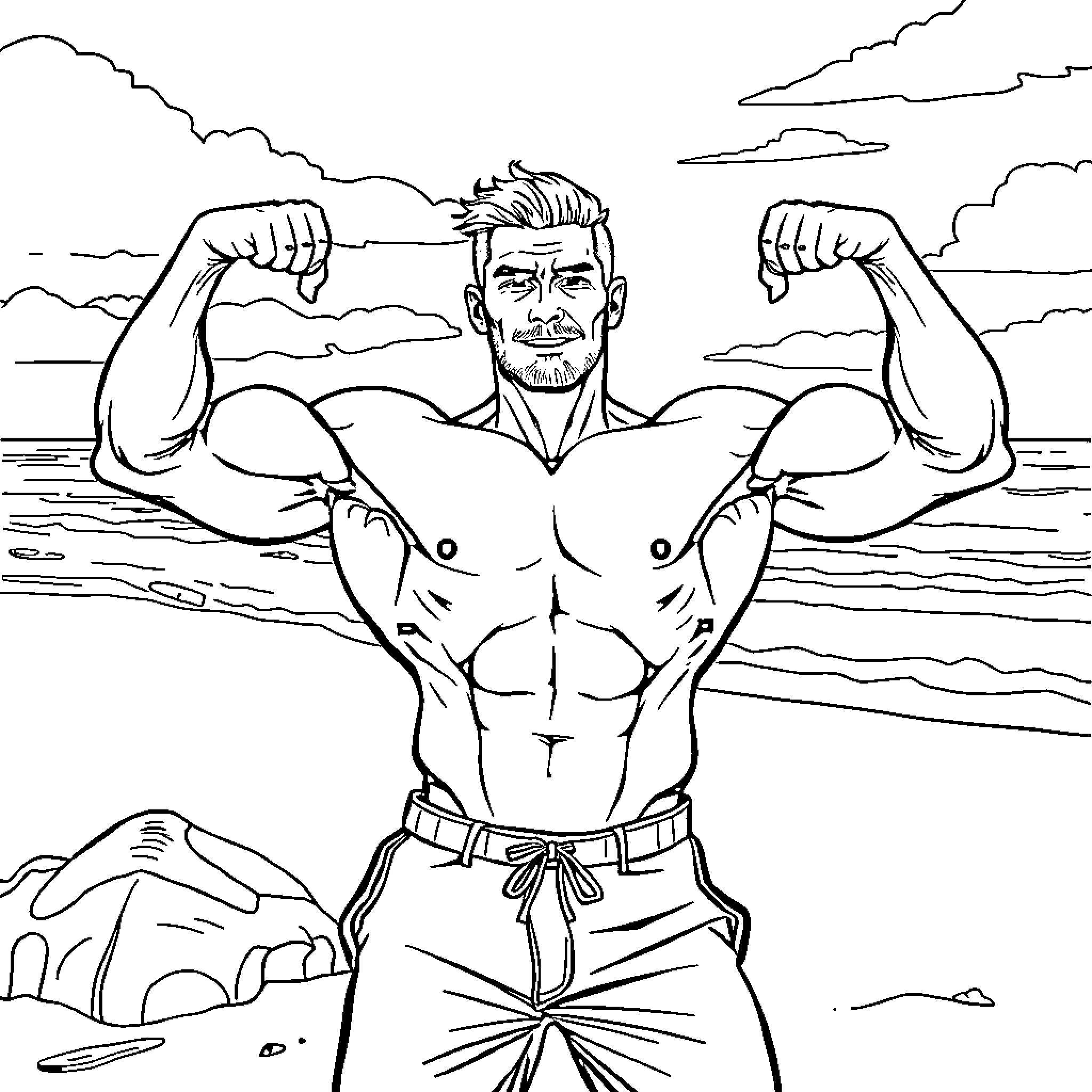 Bodybuilder flexing muscles in outdoor setting Coloring Page (free black-and-white line drawing printable PDF for all, from beginners to advanced learners, including children, teens, adults, and seniors)