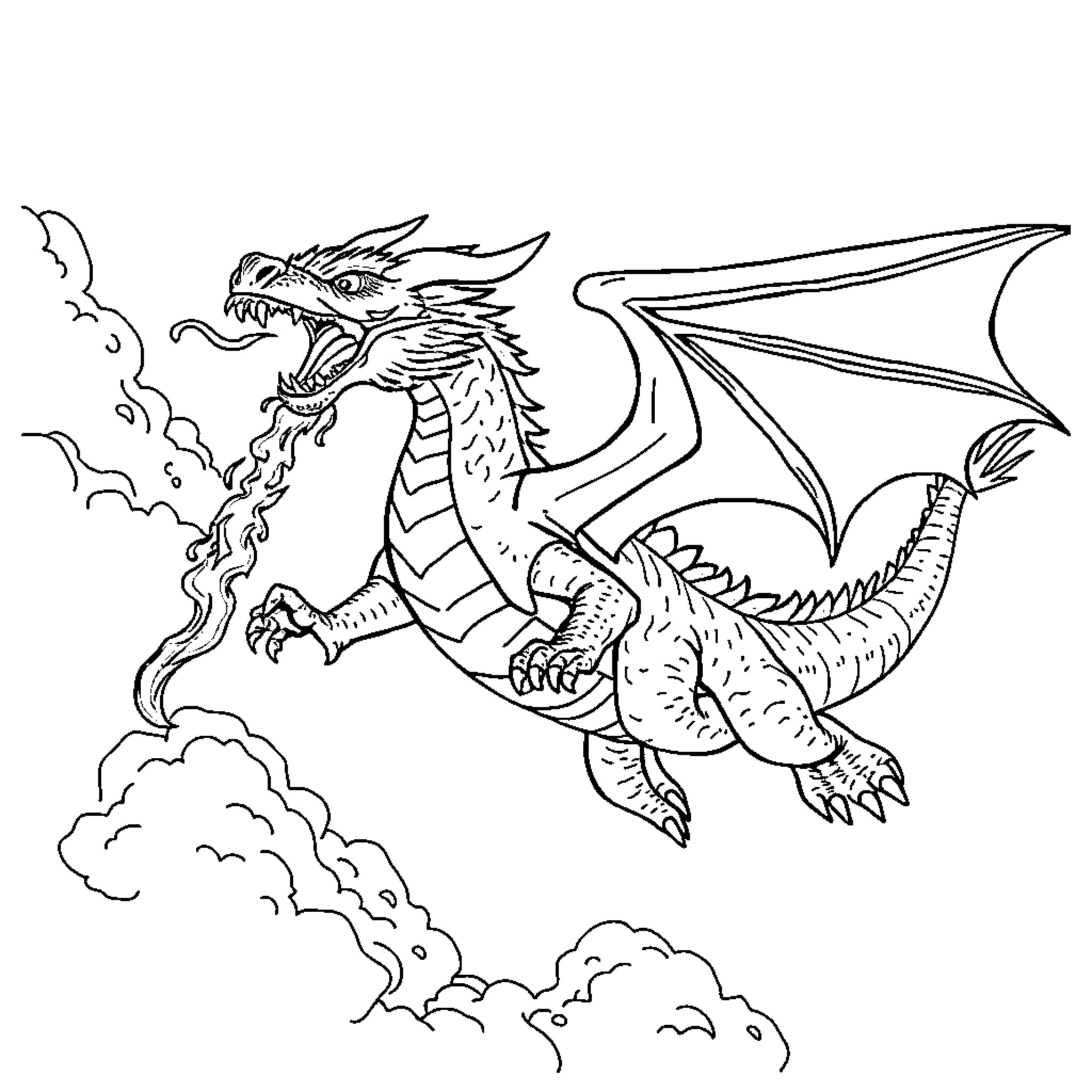 Dragon breathing fire amid cloudy skies Coloring Page (free black-and-white line drawing printable PDF for all, from beginners to advanced learners, including children, teens, adults, and seniors)
