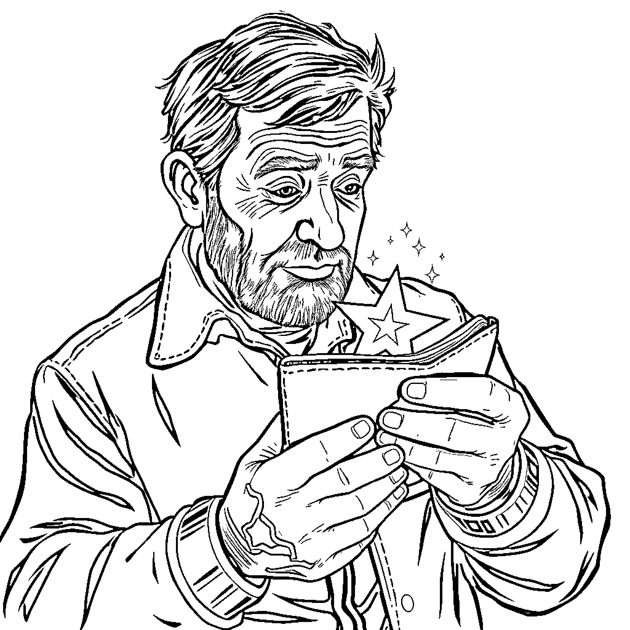 Man Holding Envelope with Stars Coloring Page (free black-and-white line drawing printable PDF for all, from beginners to advanced learners, including children, teens, adults, and seniors)