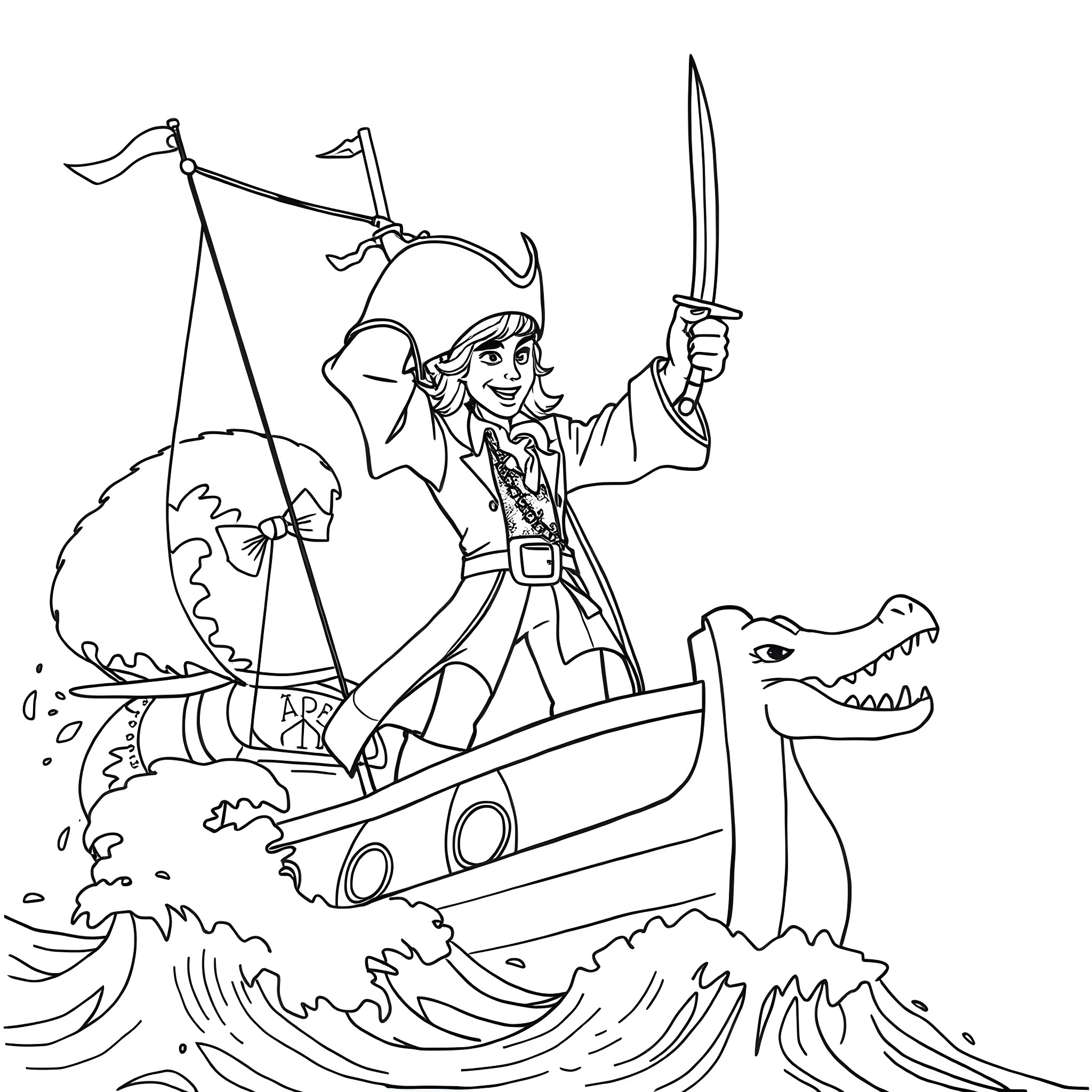 Captain Hook's Pirate Adventure on the High Seas Coloring Page (free black-and-white line drawing printable PDF for all, from beginners to advanced learners, including children, teens, adults, and seniors)