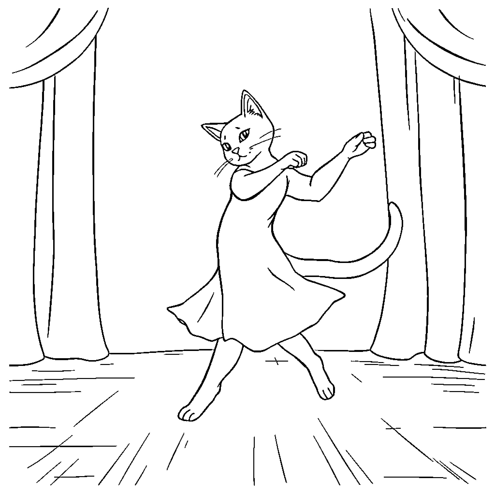 Cat dancing joyfully on stage Coloring Page (free black-and-white line drawing printable PDF for all, from beginners to advanced learners, including children, teens, adults, and seniors)