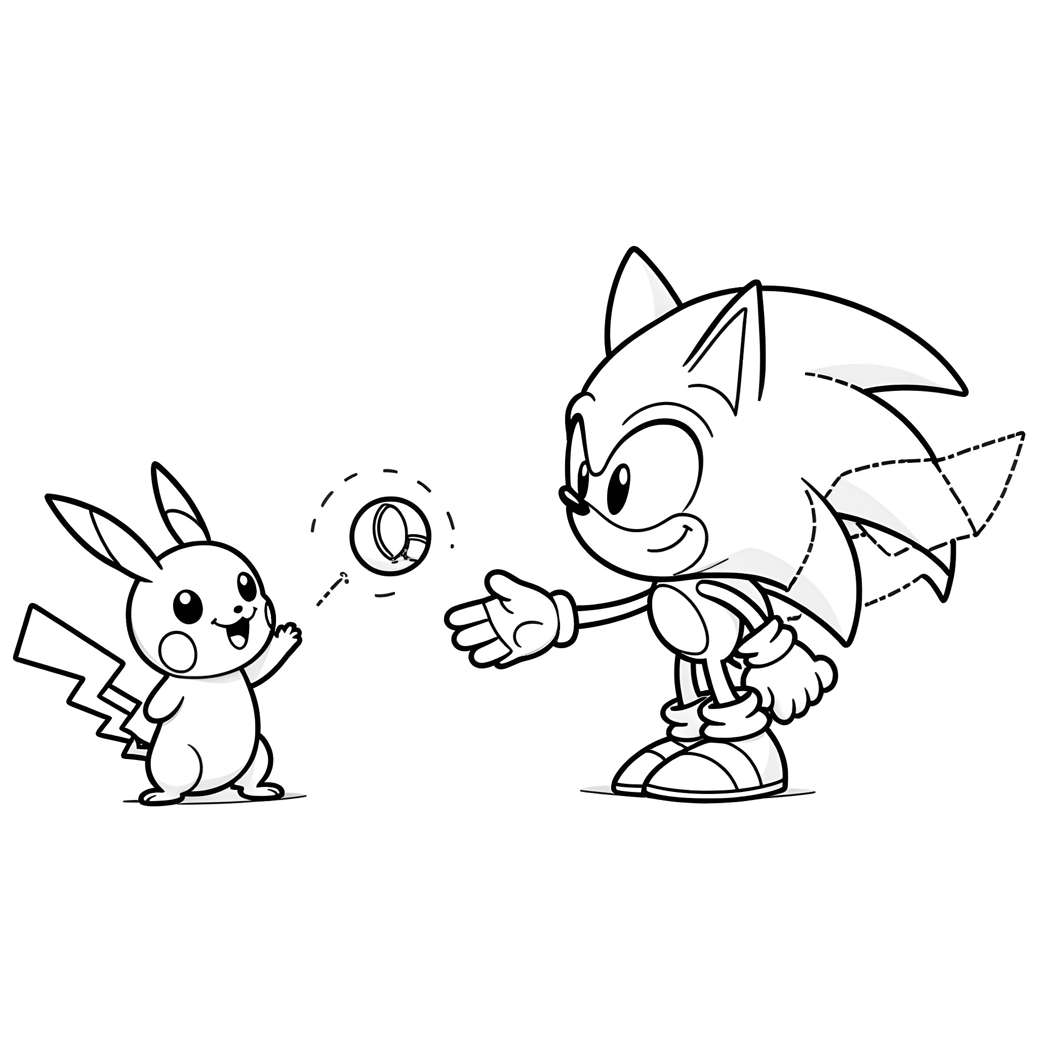 Sonic's Adventures with Pikachu Coloring Page (free black-and-white line drawing printable PDF for all, from beginners to advanced learners, including children, teens, adults, and seniors)
