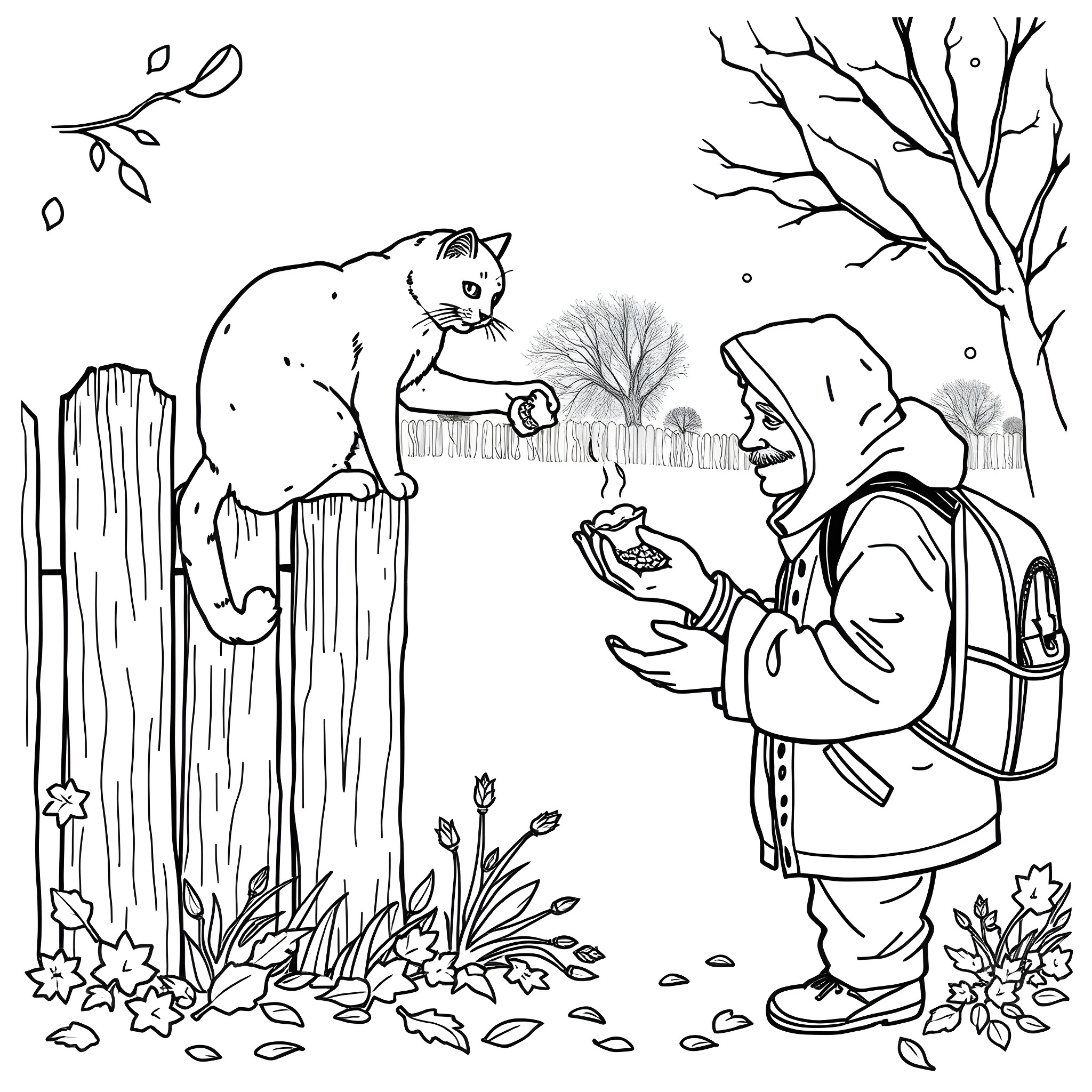 Cat meeting a child in the winter forest Coloring Page (free black-and-white line drawing printable PDF for all, from beginners to advanced learners, including children, teens, adults, and seniors)