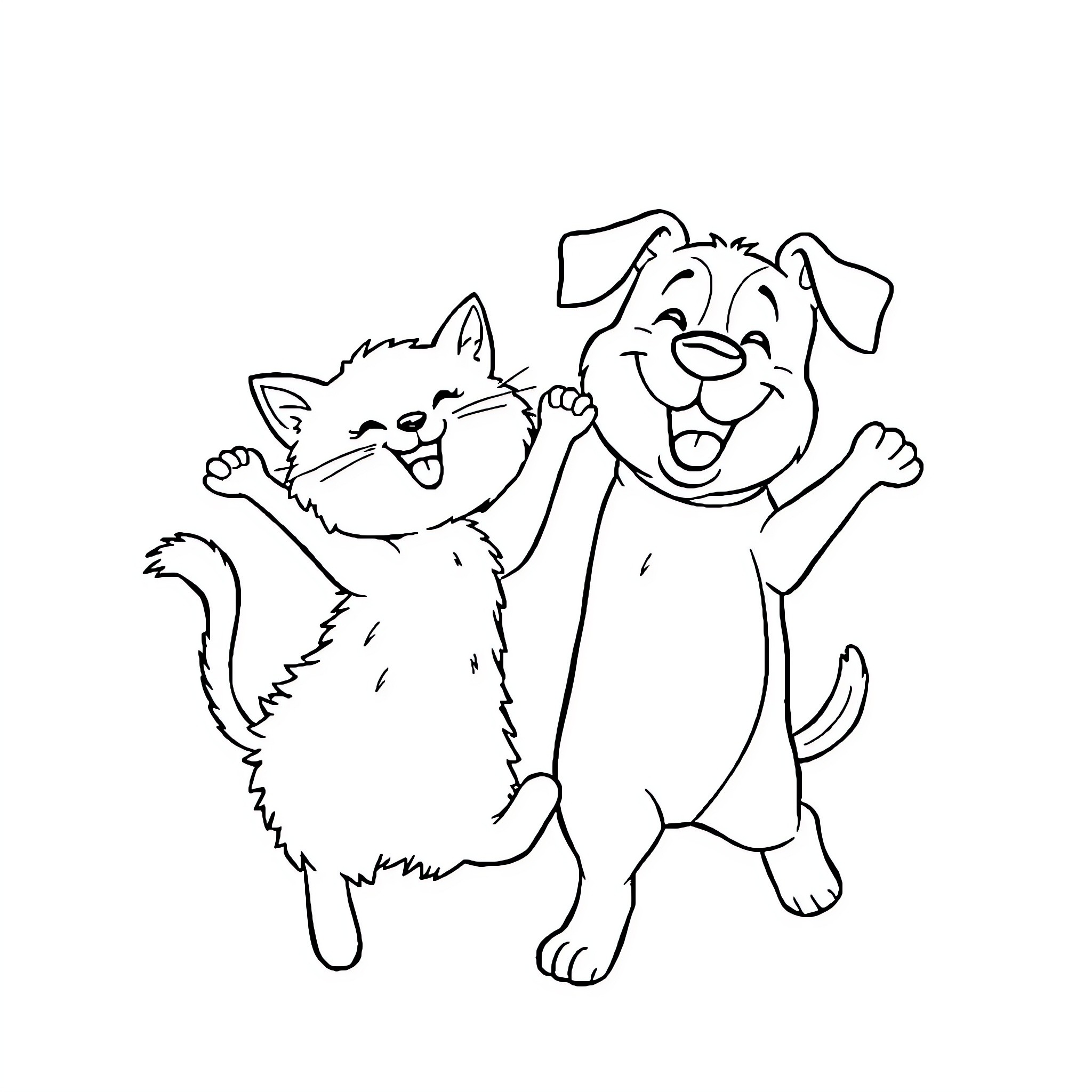 Cat and Dog Playing Happily Together Coloring Page (free black-and-white line drawing printable PDF for all, from beginners to advanced learners, including children, teens, adults, and seniors)