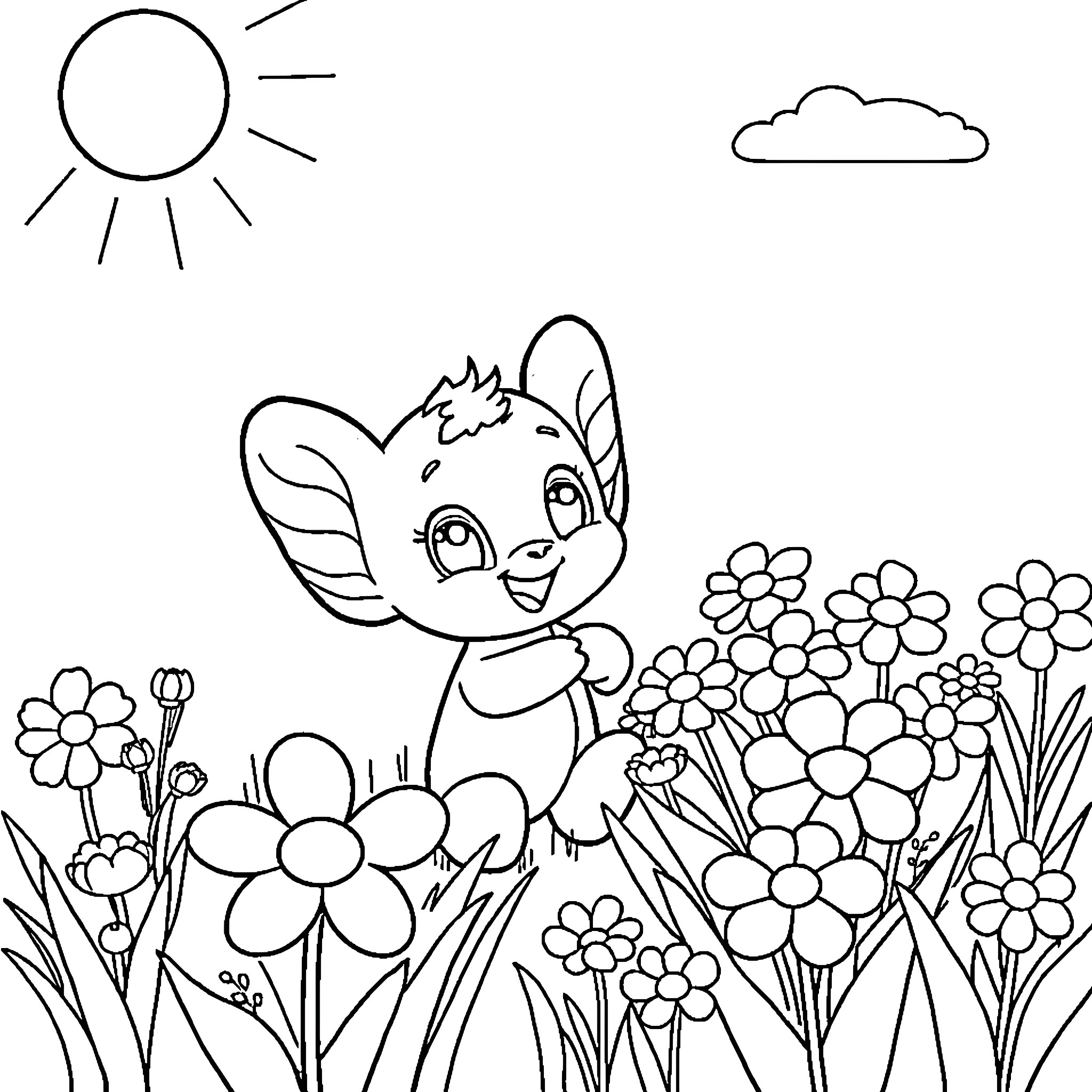 Bluey playing in a colorful flower garden Coloring Page (free black-and-white line drawing printable PDF for all, from beginners to advanced learners, including children, teens, adults, and seniors)