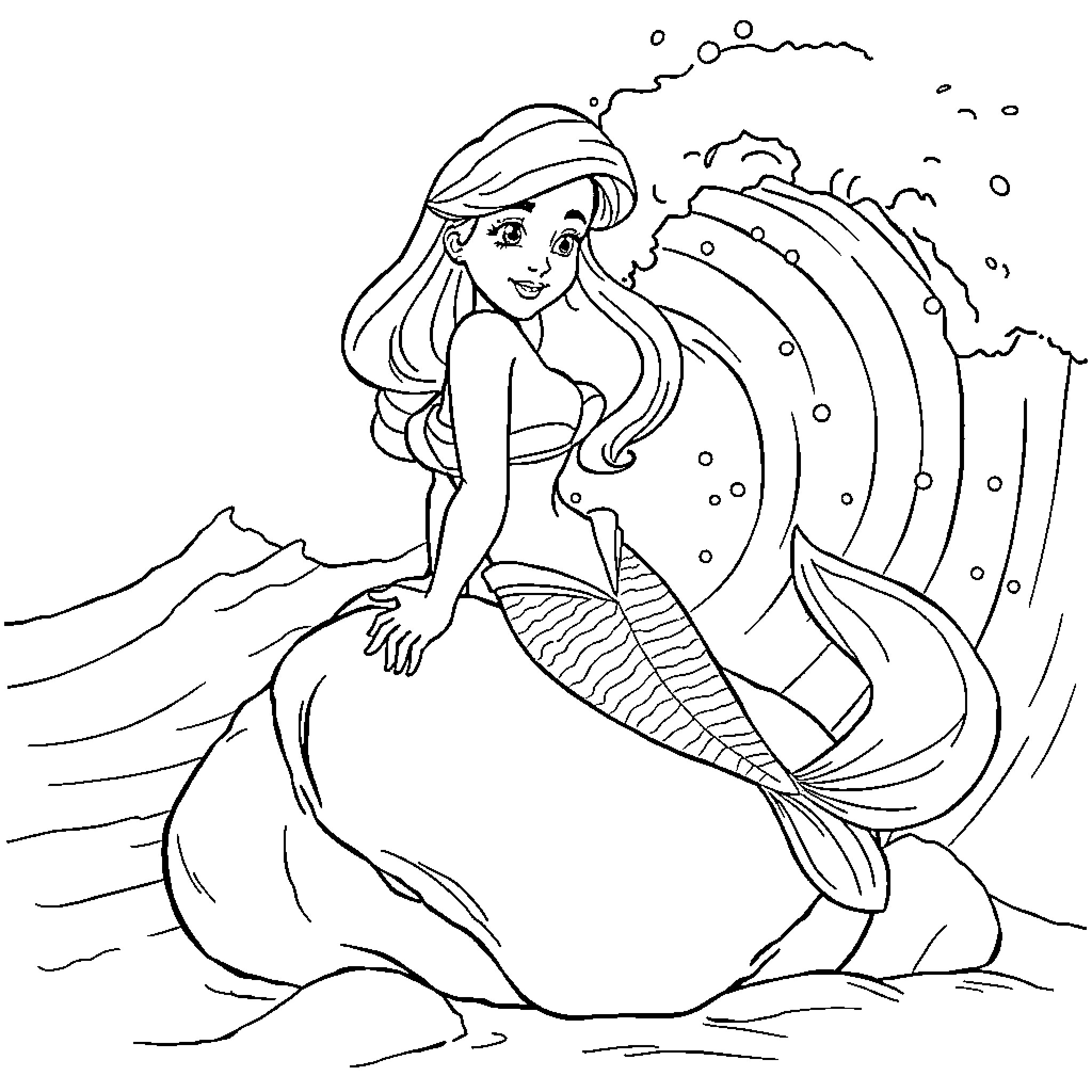 Mermaid Waves Gracefully in the Underwater Scene Coloring Page (free black-and-white line drawing printable PDF for all, from beginners to advanced learners, including children, teens, adults, and seniors)