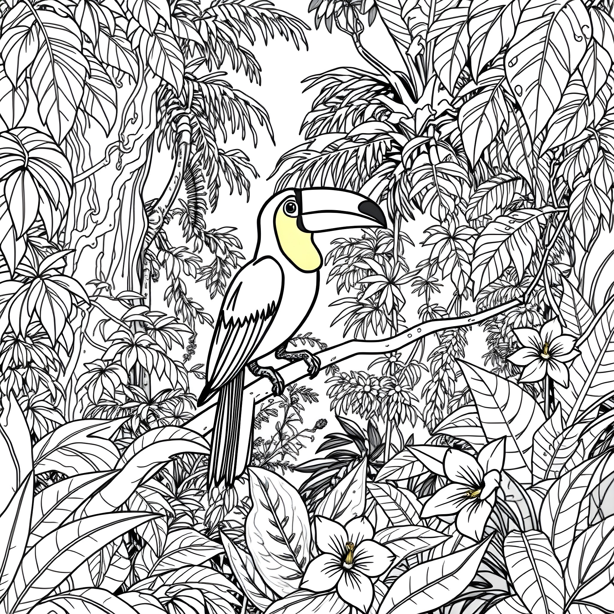 Toucan perched amidst lush tropical foliage Coloring Page (free black-and-white line drawing printable PDF for all, from beginners to advanced learners, including children, teens, adults, and seniors)