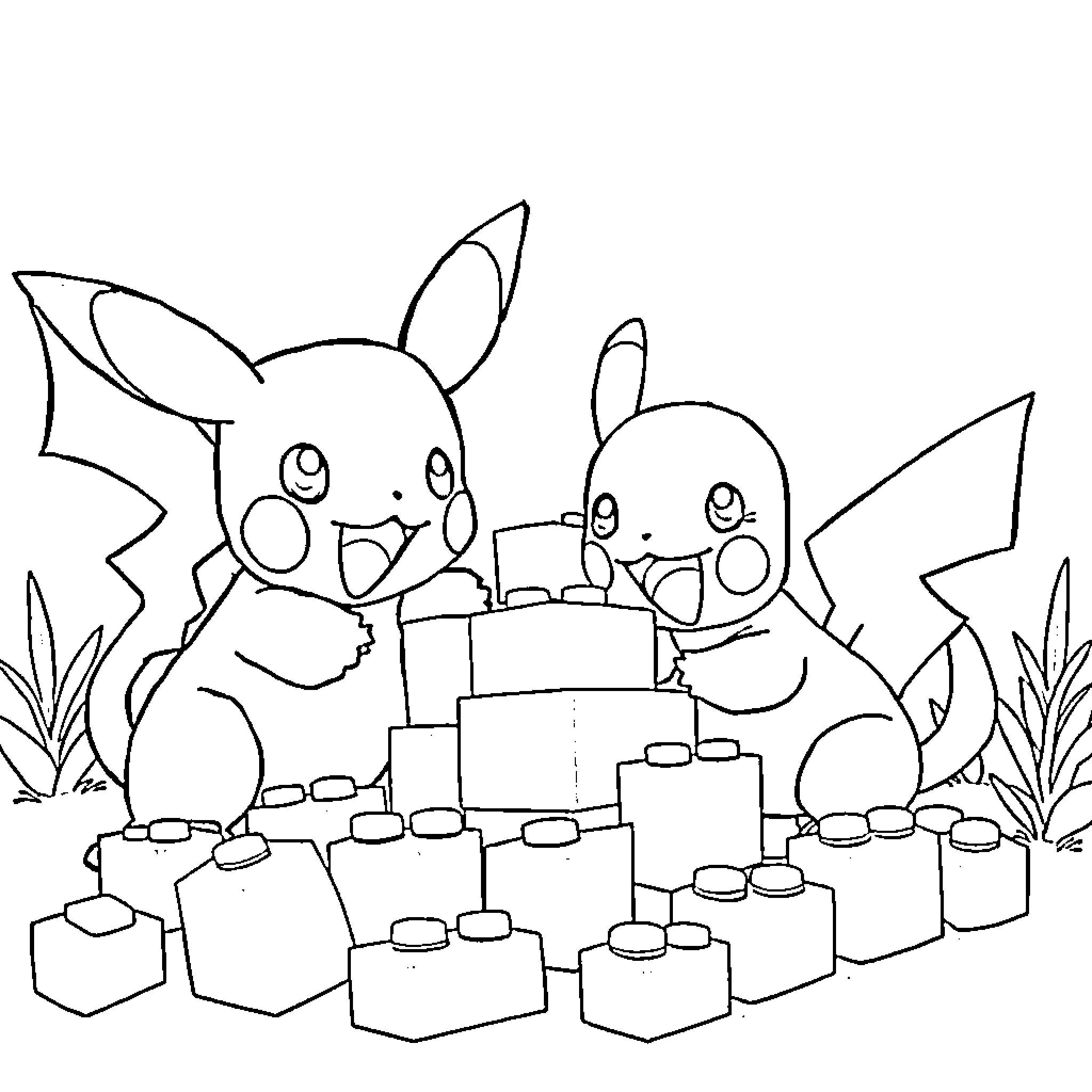 Pokémon characters playing with toy blocks Coloring Page (free black-and-white line drawing printable PDF for all, from beginners to advanced learners, including children, teens, adults, and seniors)