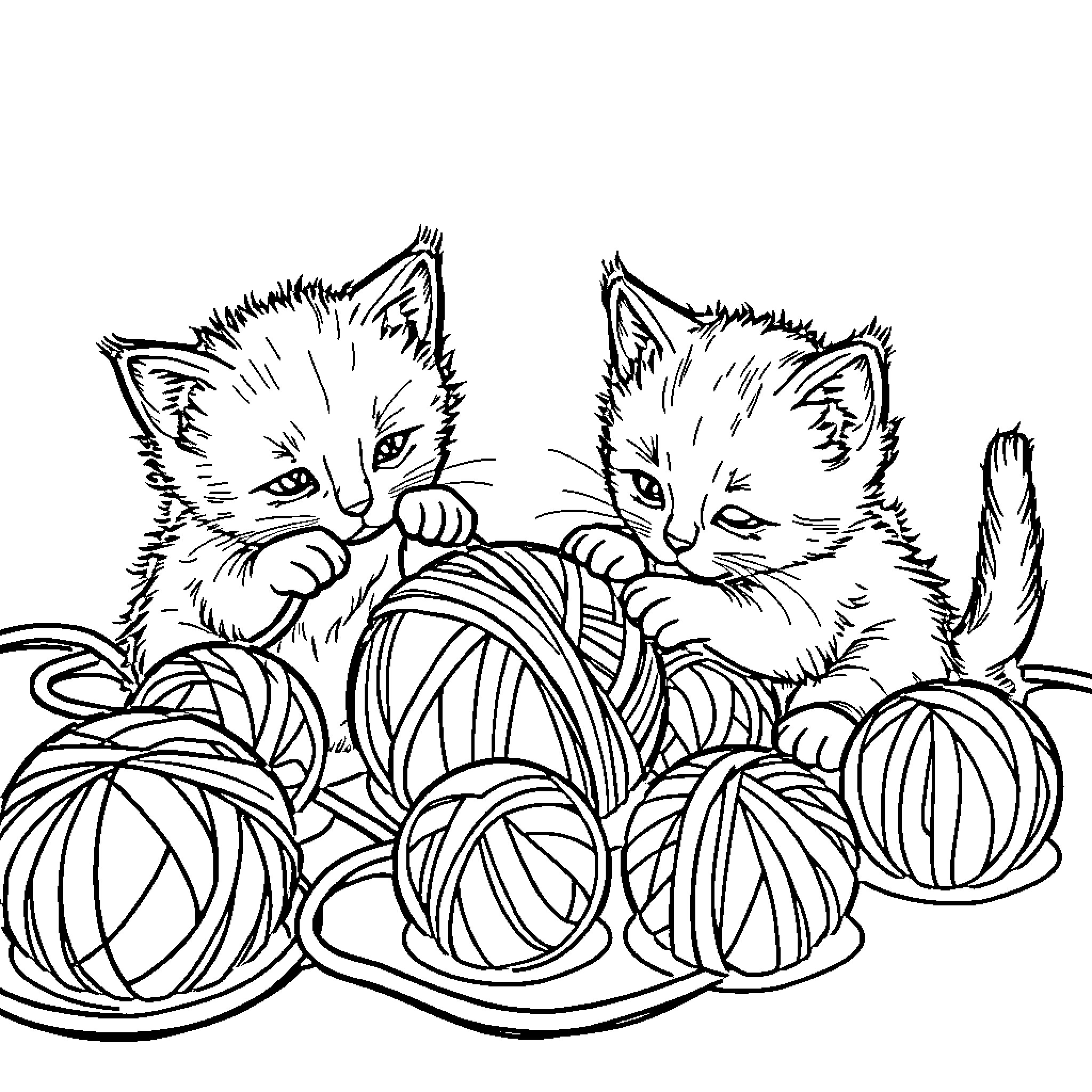 Kitty kittens playing with yarn and pumpkins Coloring Page (free black-and-white line drawing printable PDF for all, from beginners to advanced learners, including children, teens, adults, and seniors)