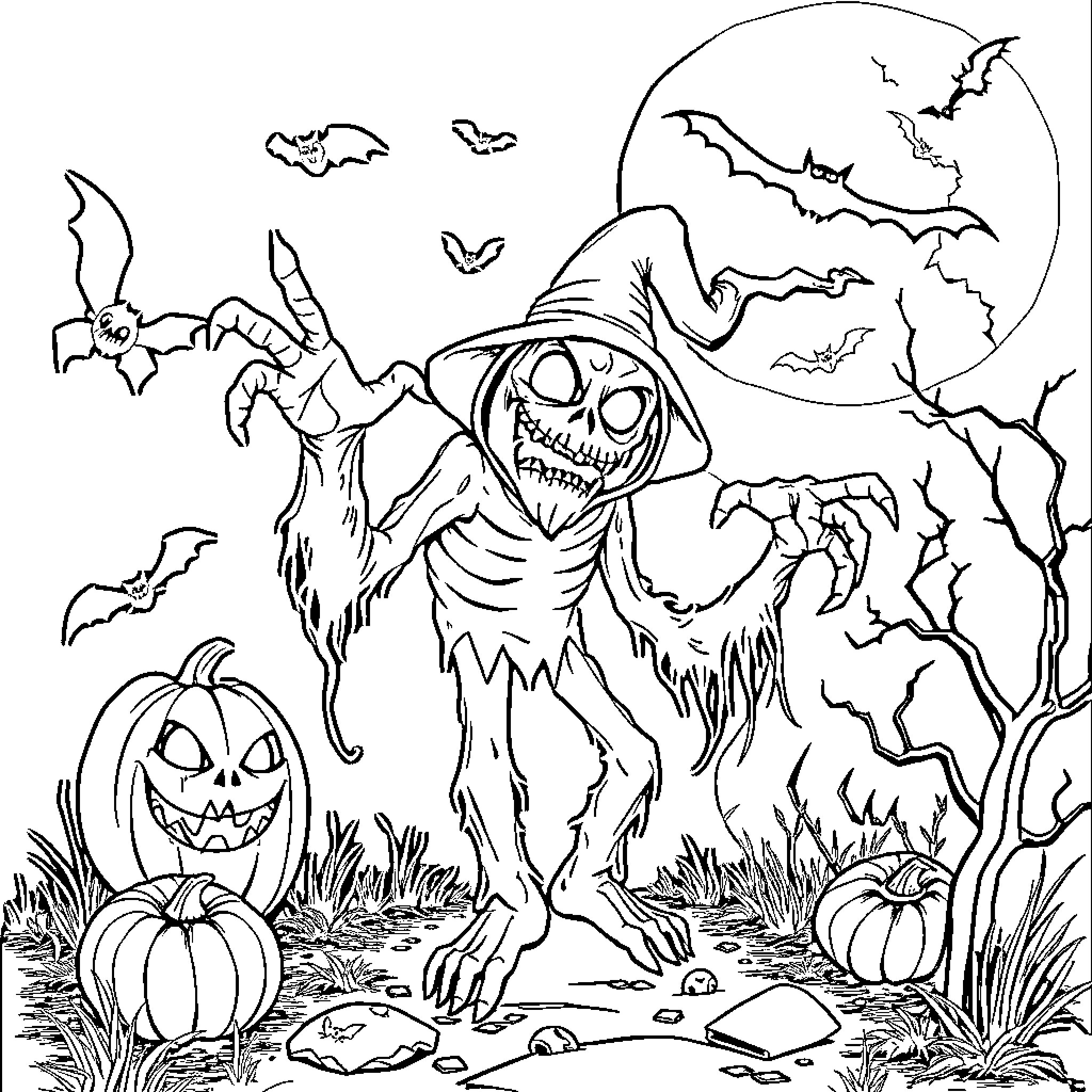 Monster Creature Terrifying Halloween Scene Coloring Page (free black-and-white line drawing printable PDF for all, from beginners to advanced learners, including children, teens, adults, and seniors)