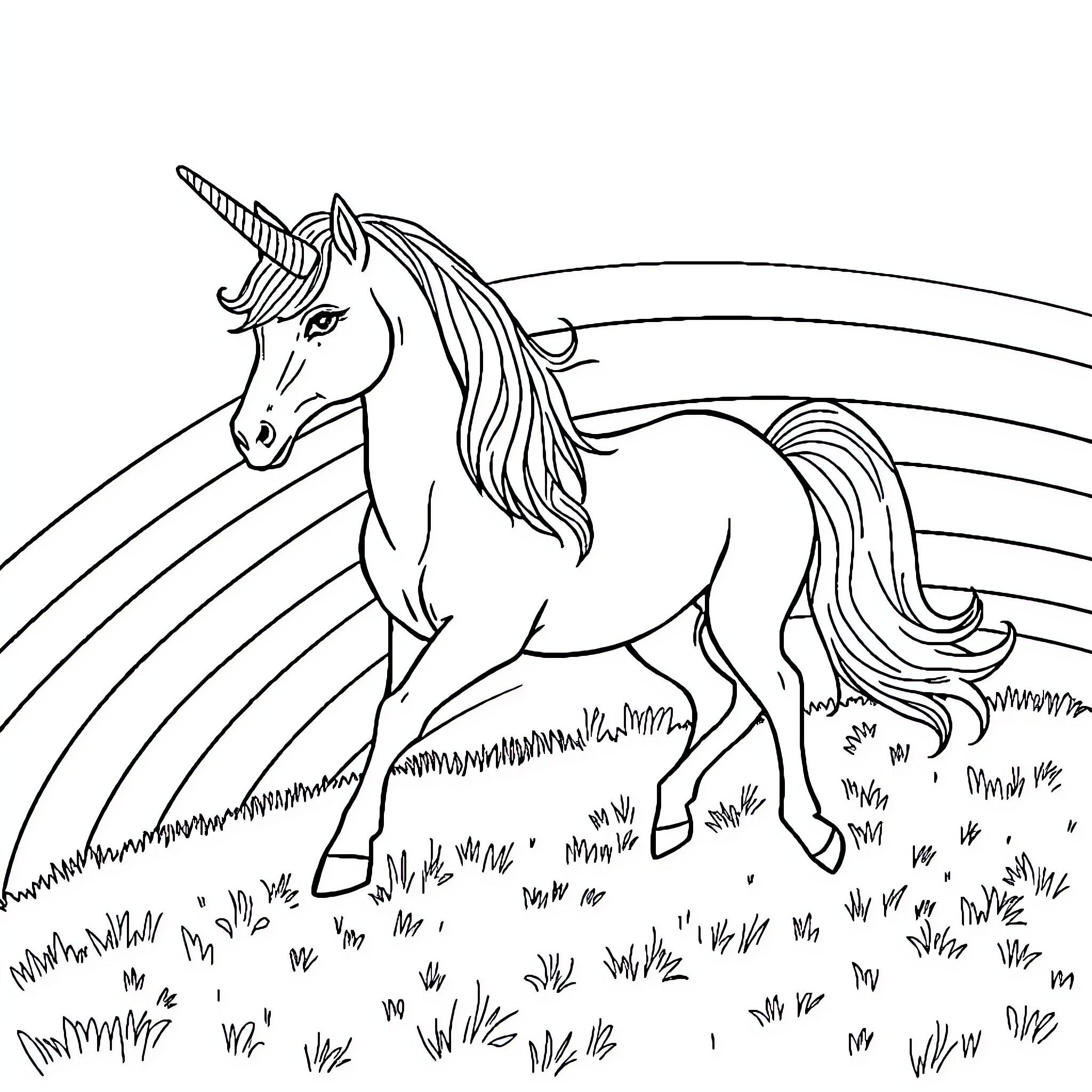 Unicorn standing proudly in a grassy field Coloring Page (free black-and-white line drawing printable PDF for all, from beginners to advanced learners, including children, teens, adults, and seniors)
